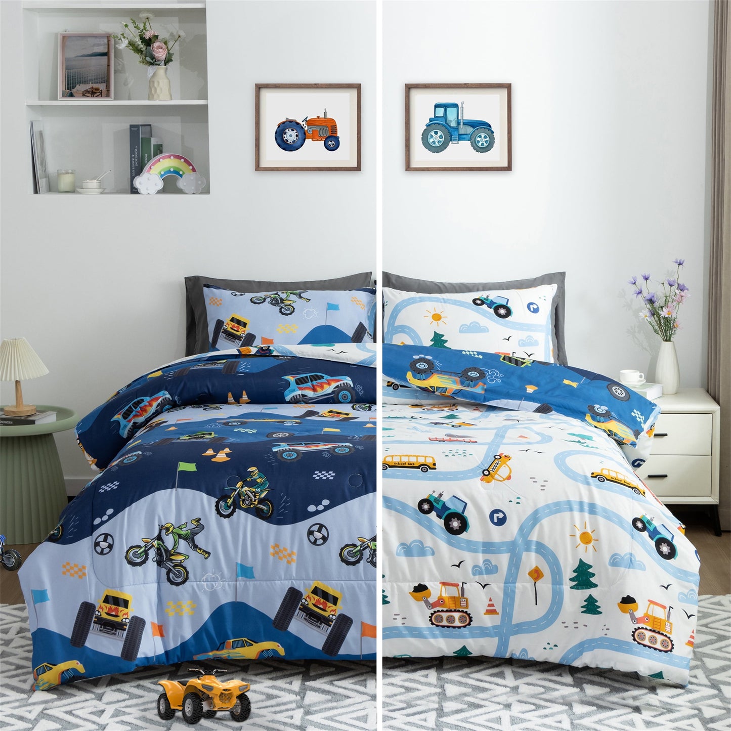 Heavyweight Warmth 3Pcs Reversible Construction Truck Twin Comforter Set for Boys Kids Excavator Vehicle Motorcycle Bedding Set Blue - Hypoallergenic Ultra-Fluffy Quilt for Winter Detail