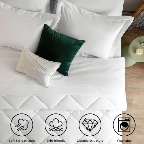 All-Season Comforter Set 7-Piece Bed in a Bag - Adult, White, Queen - Cloud-Like Soft Lightweight Bed Comforter Detail