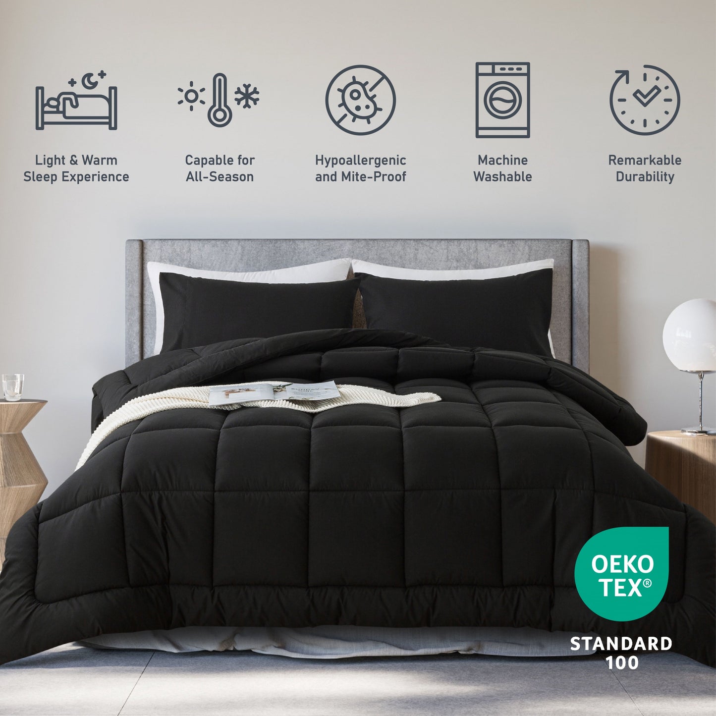 Luxurious Quilted Queen Size 3-Piece All-Season Down Alternative Comforter Set Deep Black (Comforter and Pillowcase Bedding Set / bed i... - Cloud-Like Soft Lightweight Bed Comforter Detail