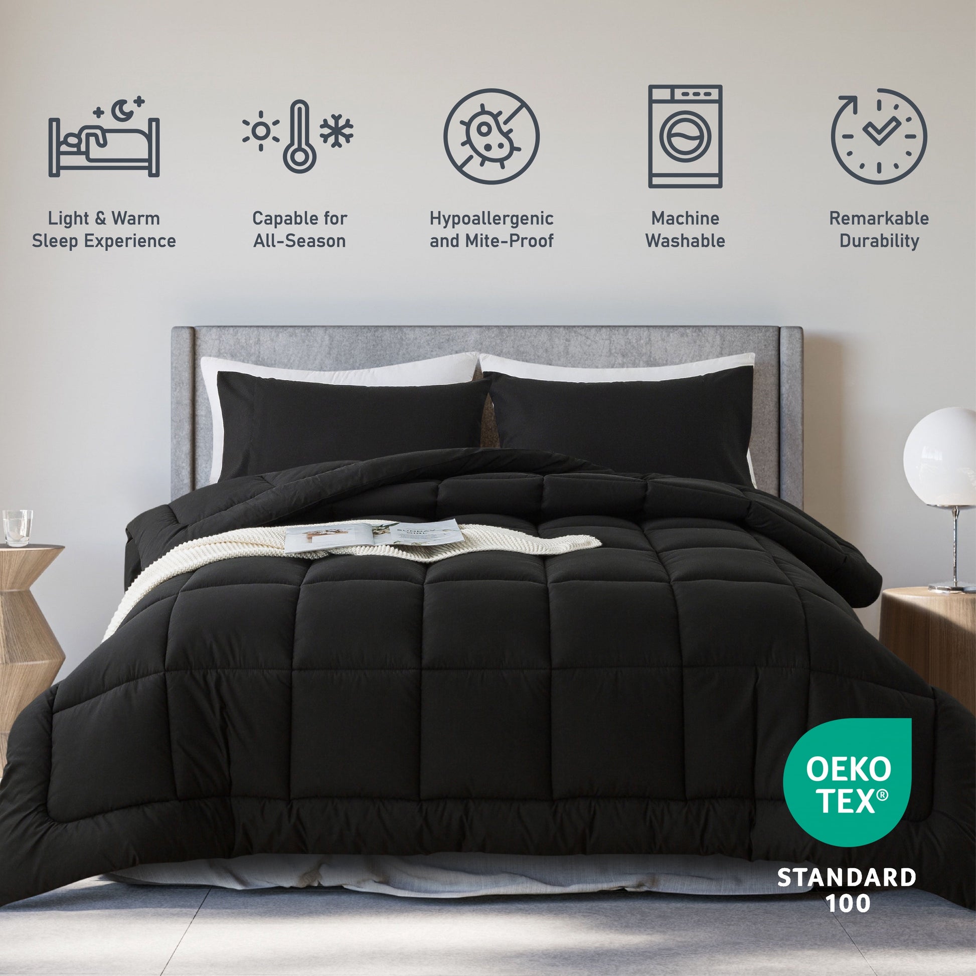 Luxurious Quilted Queen Size 3-Piece All-Season Down Alternative Comforter Set Deep Black (Comforter and Pillowcase Bedding Set / bed i... - Cloud-Like Soft Lightweight Bed Comforter Detail