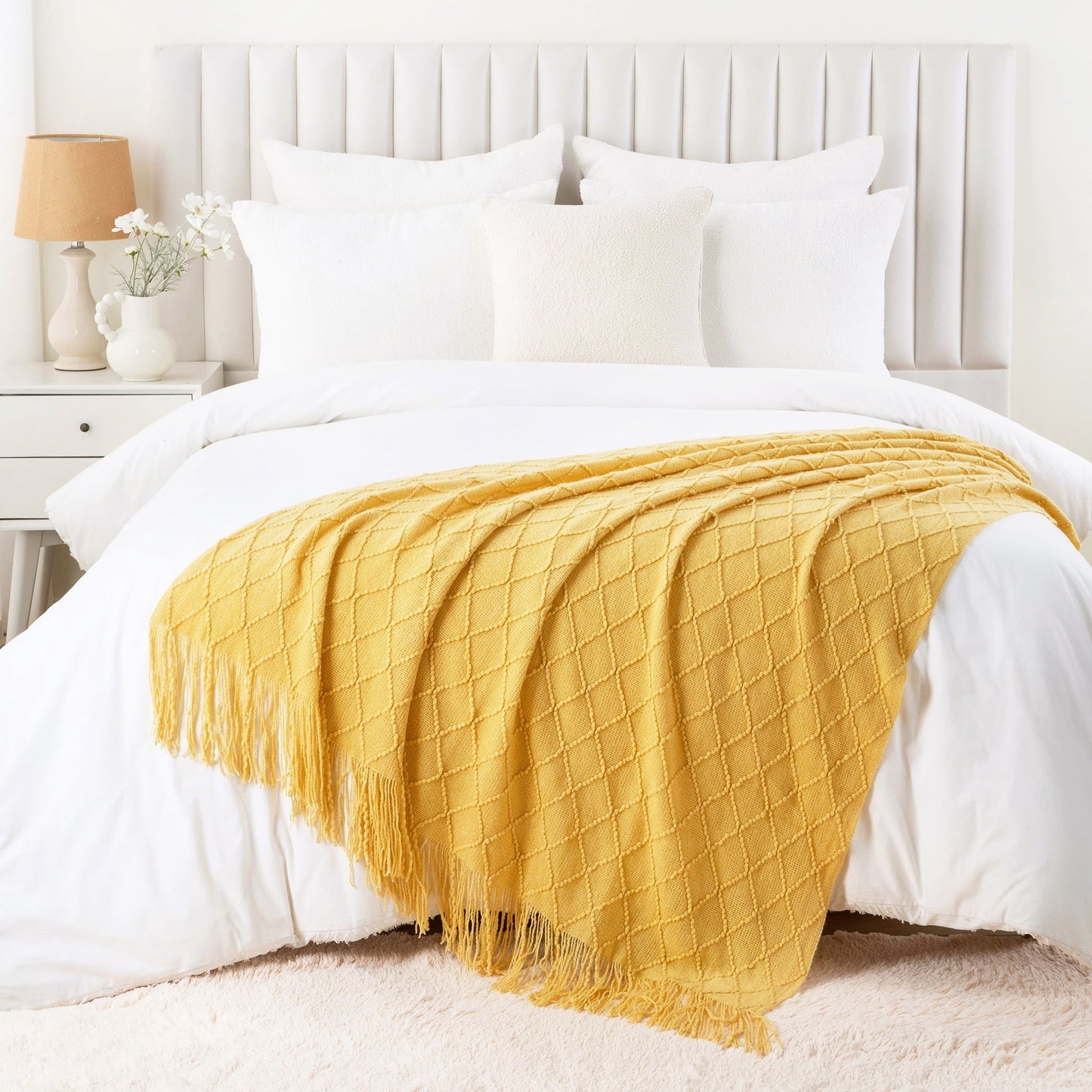 Super Soft Flannel Mustard Throw Blanket for Couch,Gold Yellow Knit Throw with Fringe,Outdoor Throw ,50"x60" - Lightweight Plush Warm Blanket for All Seasons Detail
