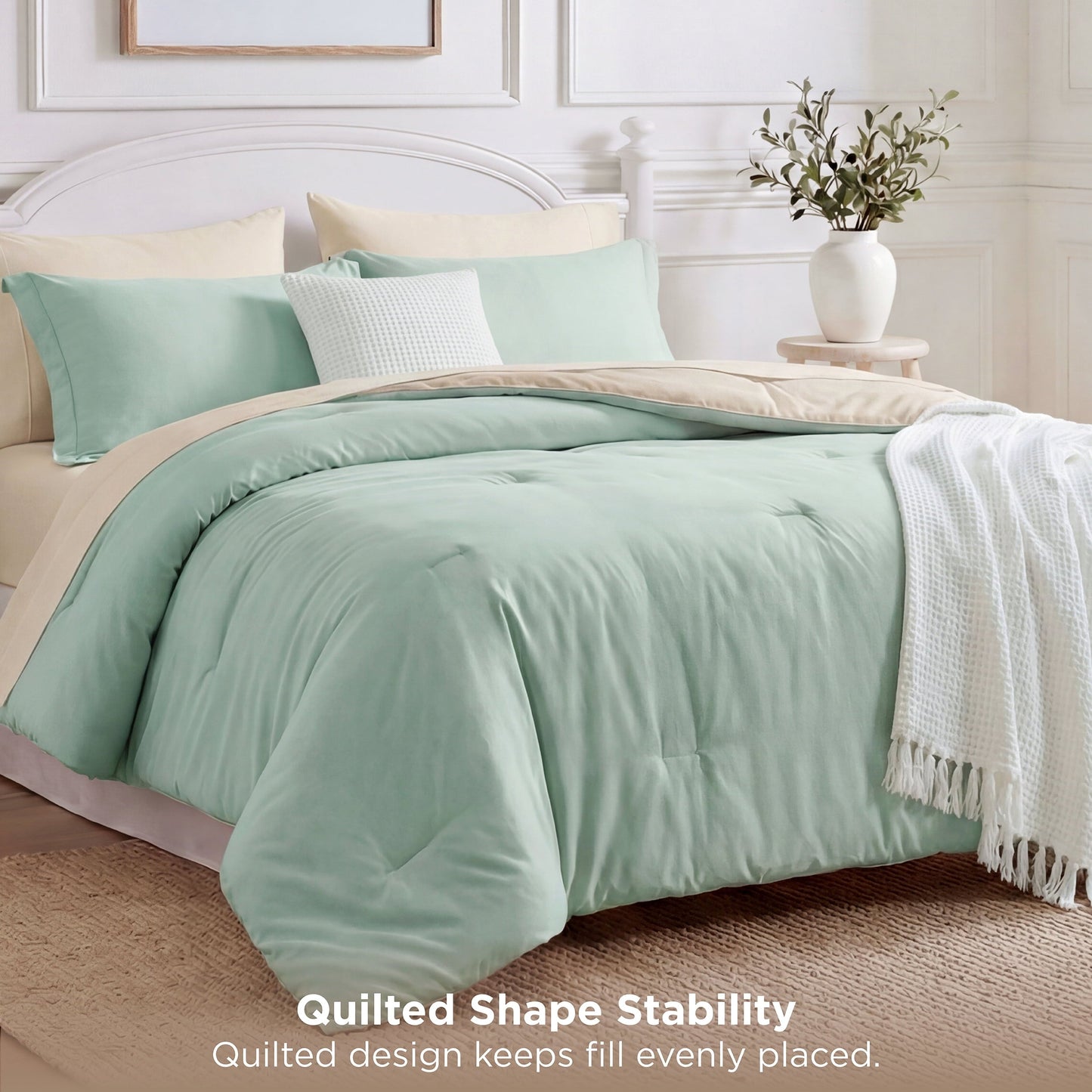 All-Season Queen Comforter Set Sage Green, 7 Pieces Lightweight Queen Bedding Sets, Contrasting Design - Hypoallergenic Ultra-Fluffy Quilt for Winter Detail