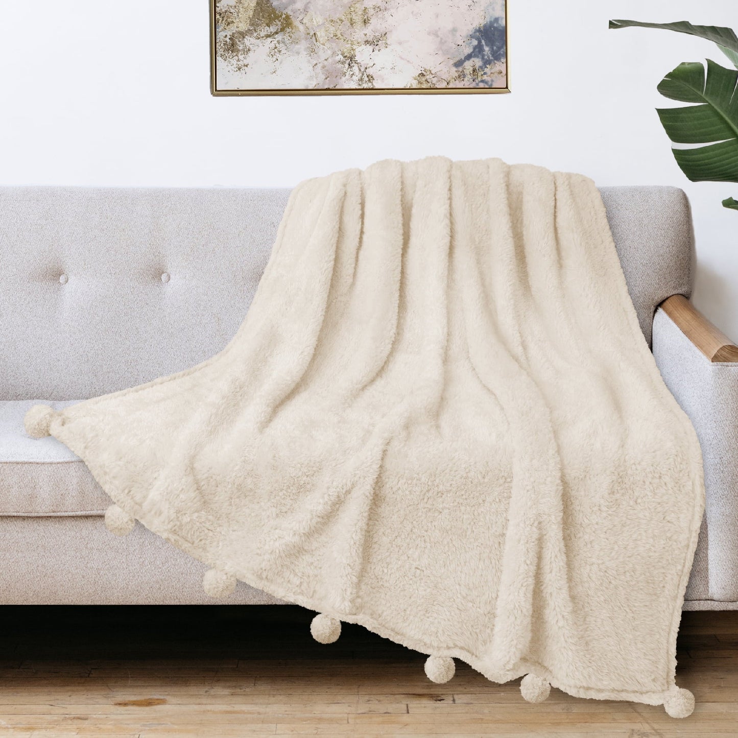 Cozy Fleece Ivory Cream Sherpa Throw Blanket with Soft Pom Pom Fringe, Plush Cozy Warm Blankets for Couch Bed Sofa, Fuzzy Fleece ... - Cozy Fleece Throw Blanket for Couch & Bed Detail