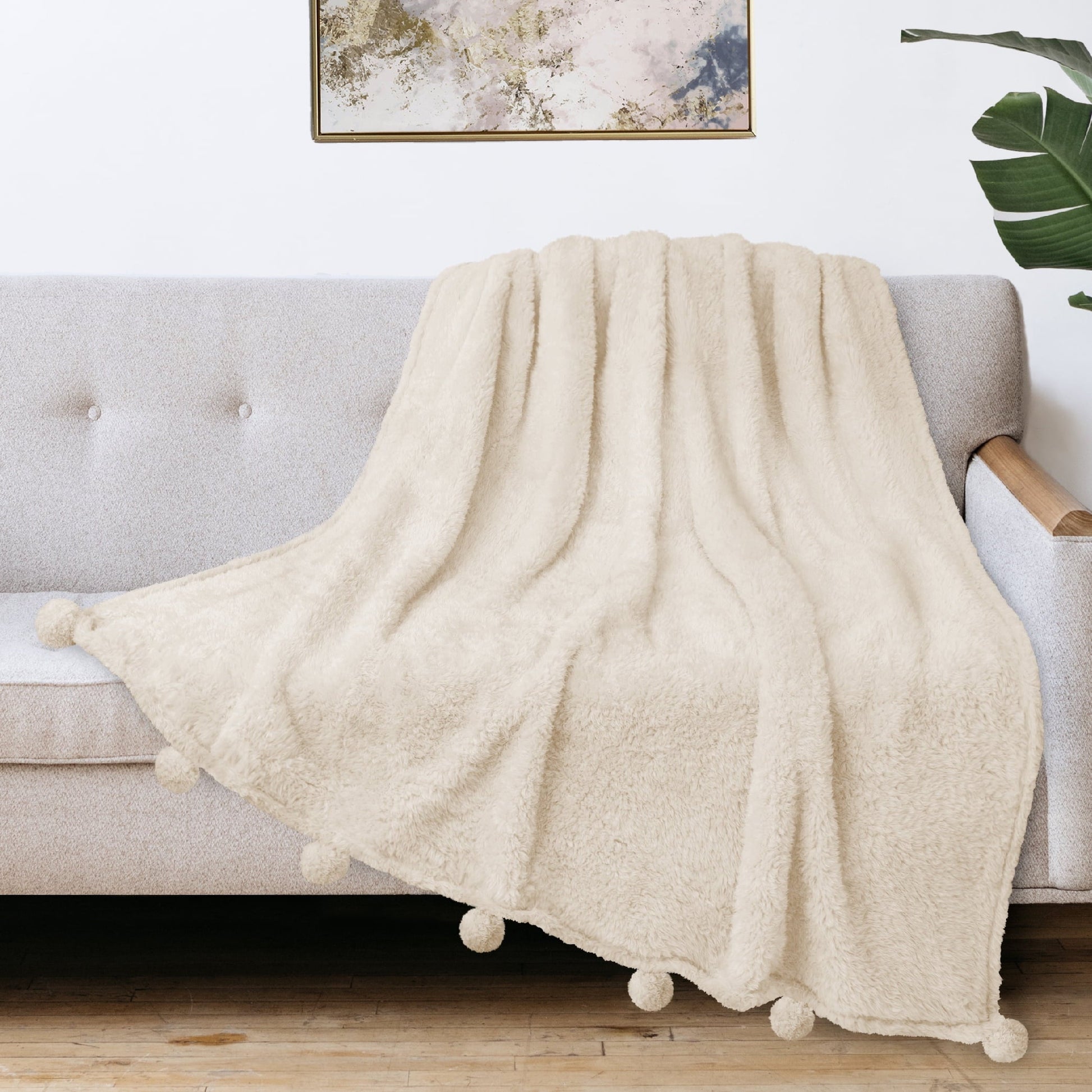 Cozy Fleece Ivory Cream Sherpa Throw Blanket with Soft Pom Pom Fringe, Plush Cozy Warm Blankets for Couch Bed Sofa, Fuzzy Fleece ... - Cozy Fleece Throw Blanket for Couch & Bed Detail