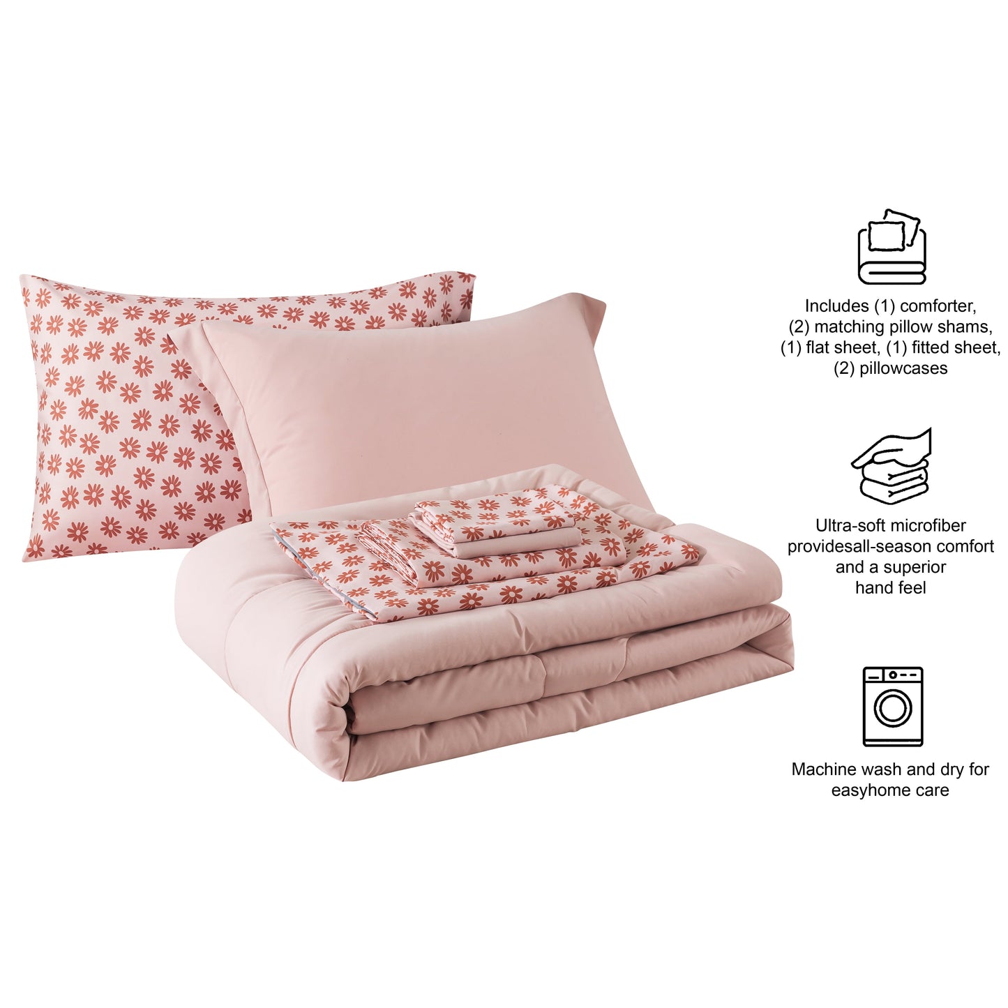 Luxurious Quilted 7-Piece Reversible Bed in a Bag Comforter Set with Sheets, Pink, Queen - All-Season Down Alternative Comforter Insert Detail