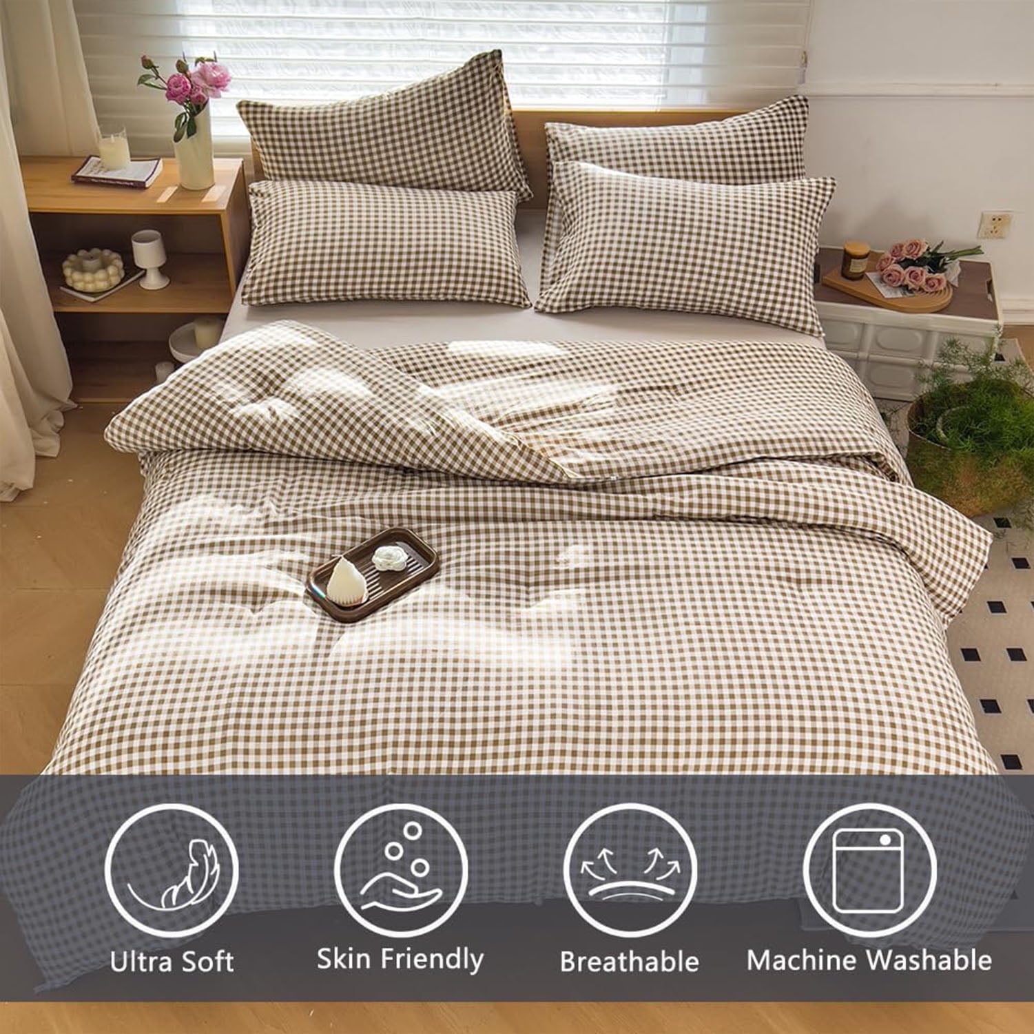 Heavyweight Warmth Tan Gingham Queen Comforter Set, Taupe Plaid Bedding Set, Checked Bed Comforter 3 Pieces(Tan Gingham, Queen) - Hypoallergenic Ultra-Fluffy Quilt for Winter Detail