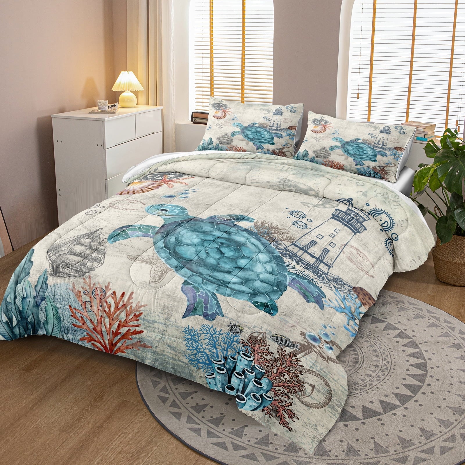 Fluffy Down Alternative Sea Turtle Comforter Set Queen Ocean Beach Bedding Set Soft and Lightweight Retro Style Design Coastal Bedding Set - Luxurious Quilted Duvet Cover Set Detail
