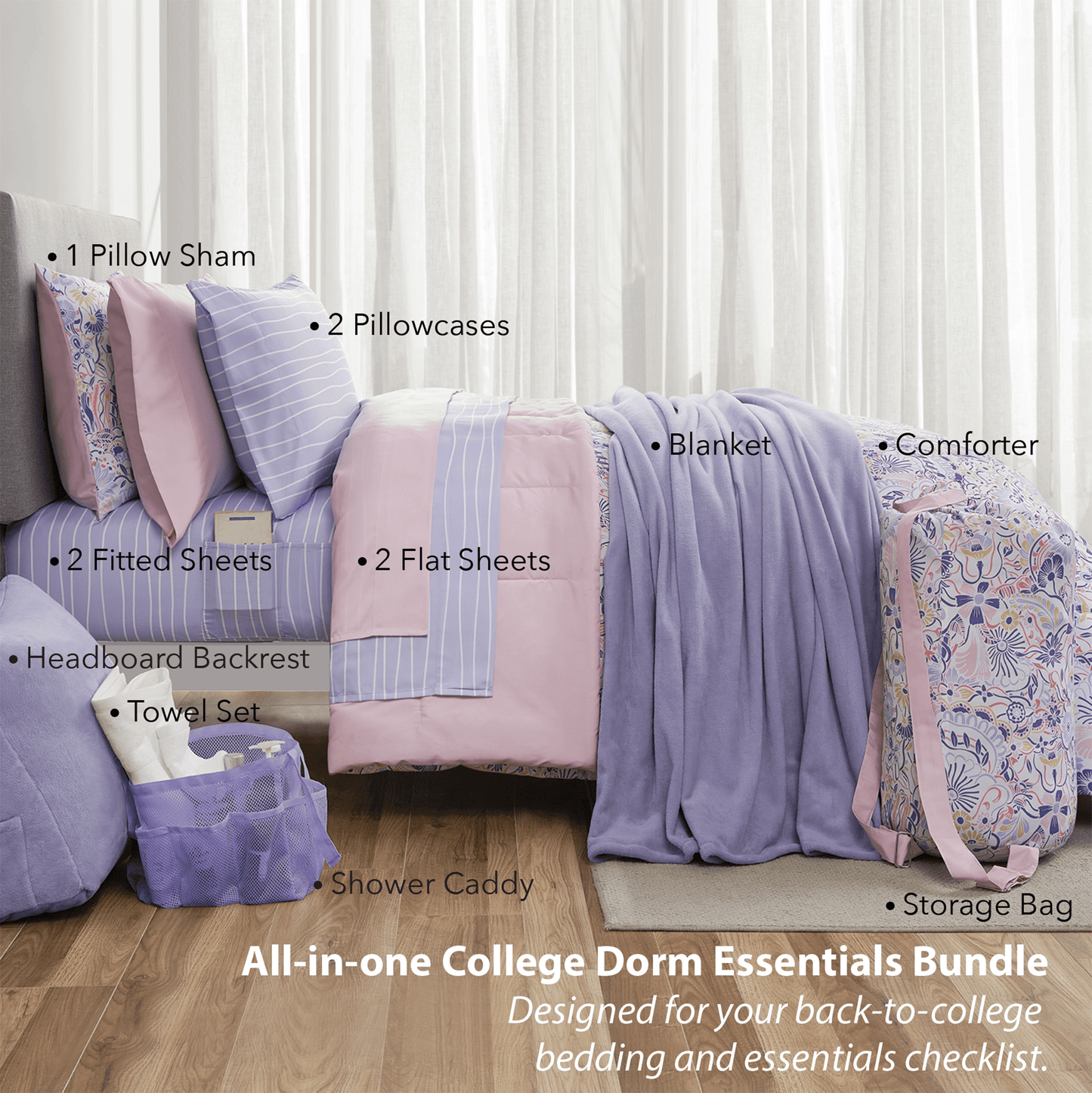All-Season 14pc College Dorm Essentials Bundle, Twin-XL, Reversible Bed in a Bag Comforter Set, Purple Floral - All-Season Down Alternative Comforter Insert Detail