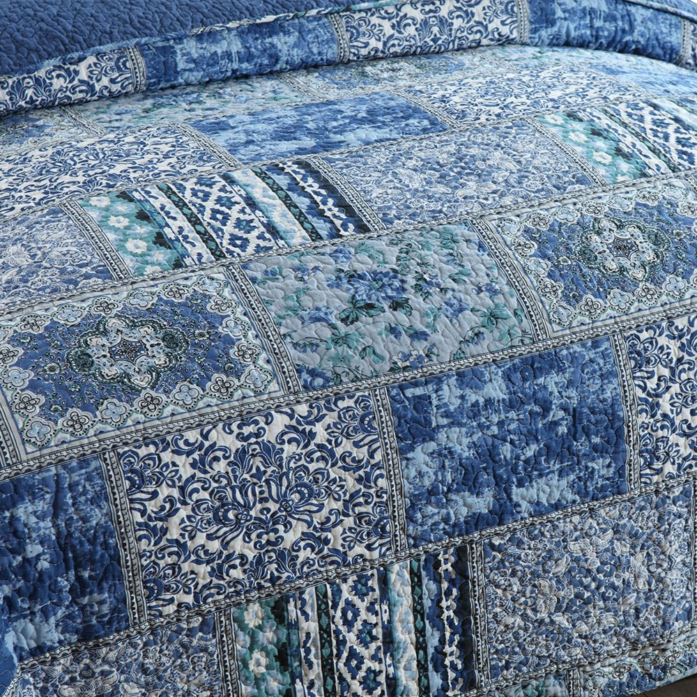 Hypoallergenic Cloud Quilt Comforter Cotton Bedding Set With Shams, Vintage Blue, King - Luxurious Quilted Duvet Cover Set Detail