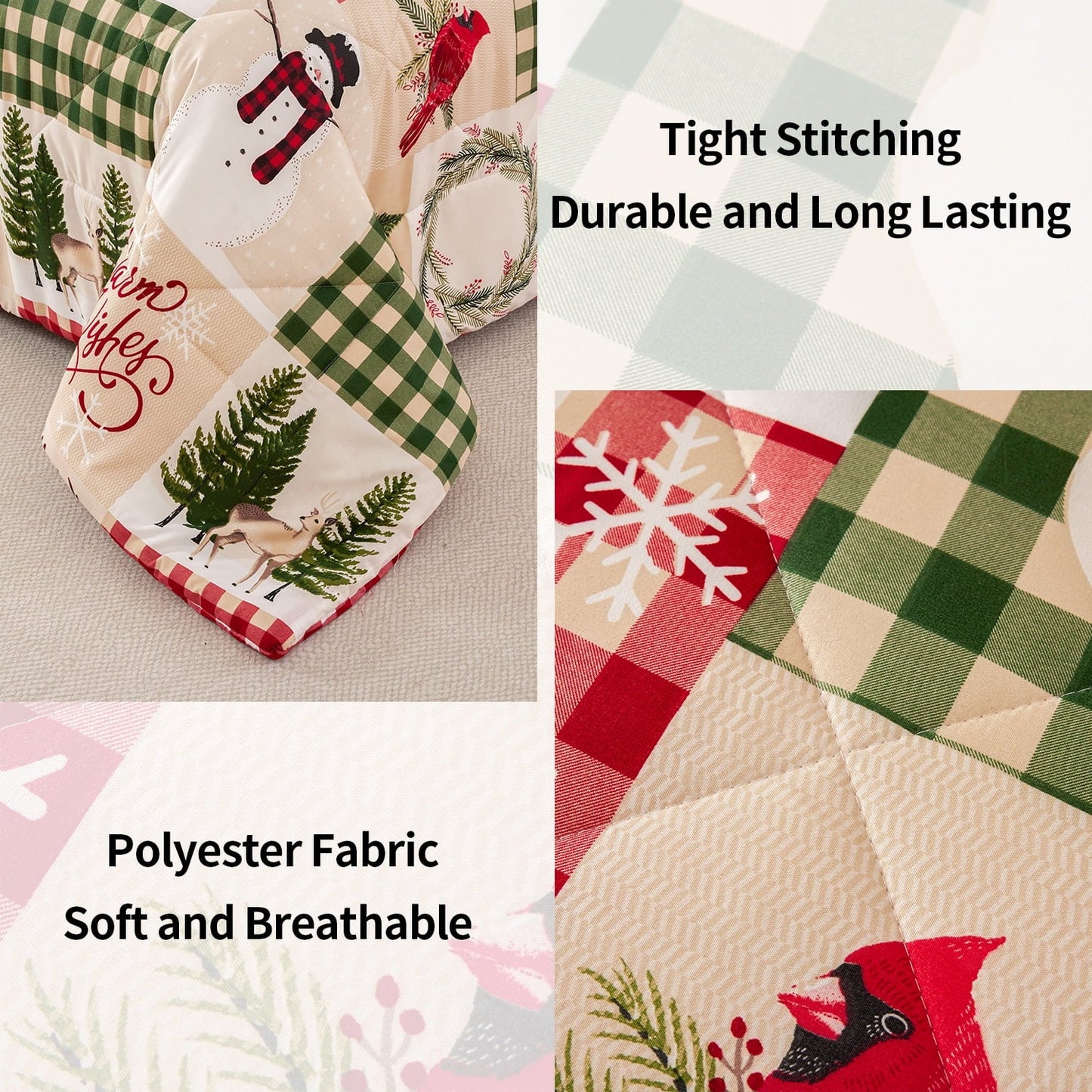 All-Season 3 Pcs Christmas Comforter Set, Bed in a Bag Wreath Snowman Queen/Full Size Xmas Bedding Set Fitted Pillowcases for Adult - Cloud-Like Soft Lightweight Bed Comforter Detail