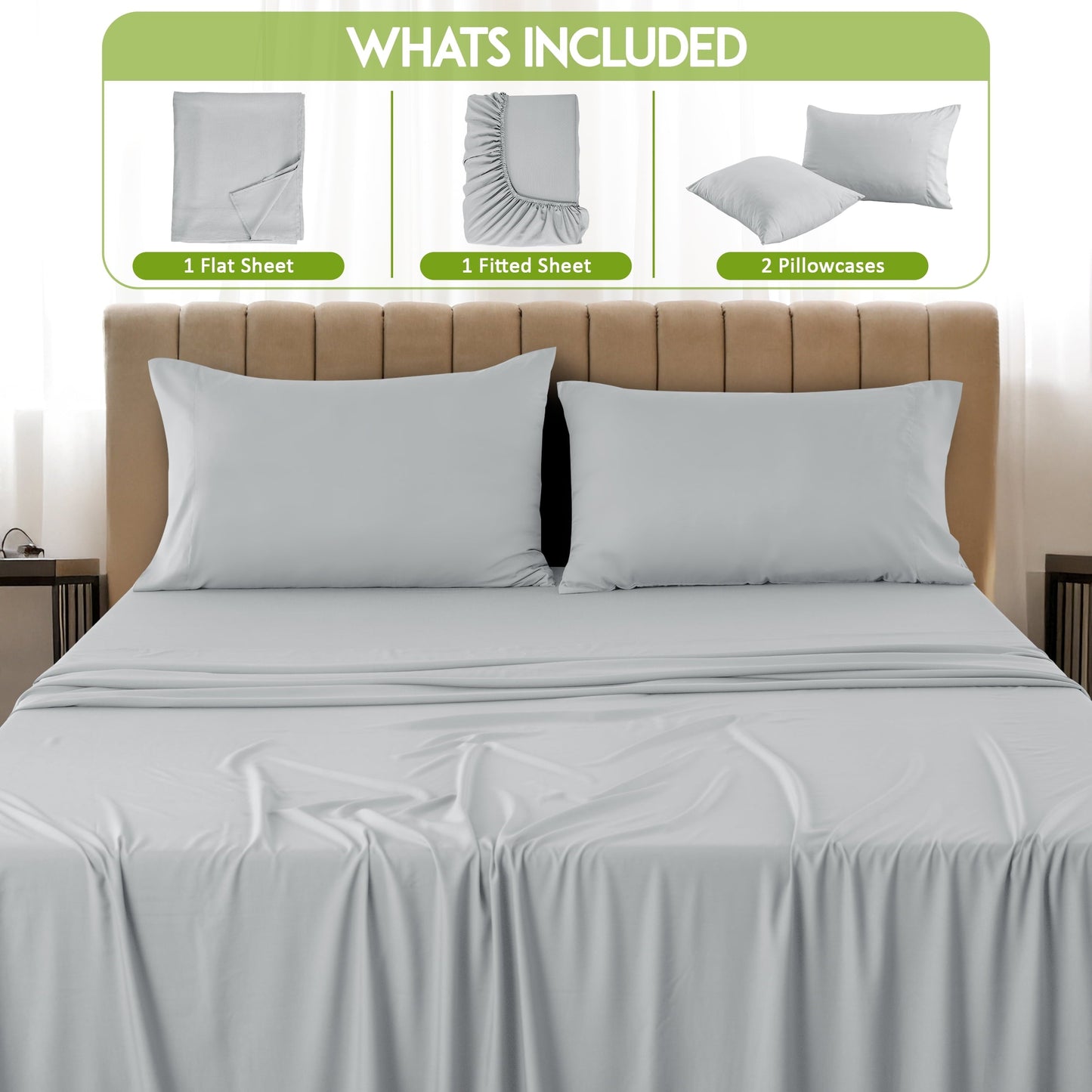 Breathable Luxury Rayon - 4 Piece Cooling Bed Sheets Set, Gray - Luxury Bed Sheet Set with Deep Pockets Detail