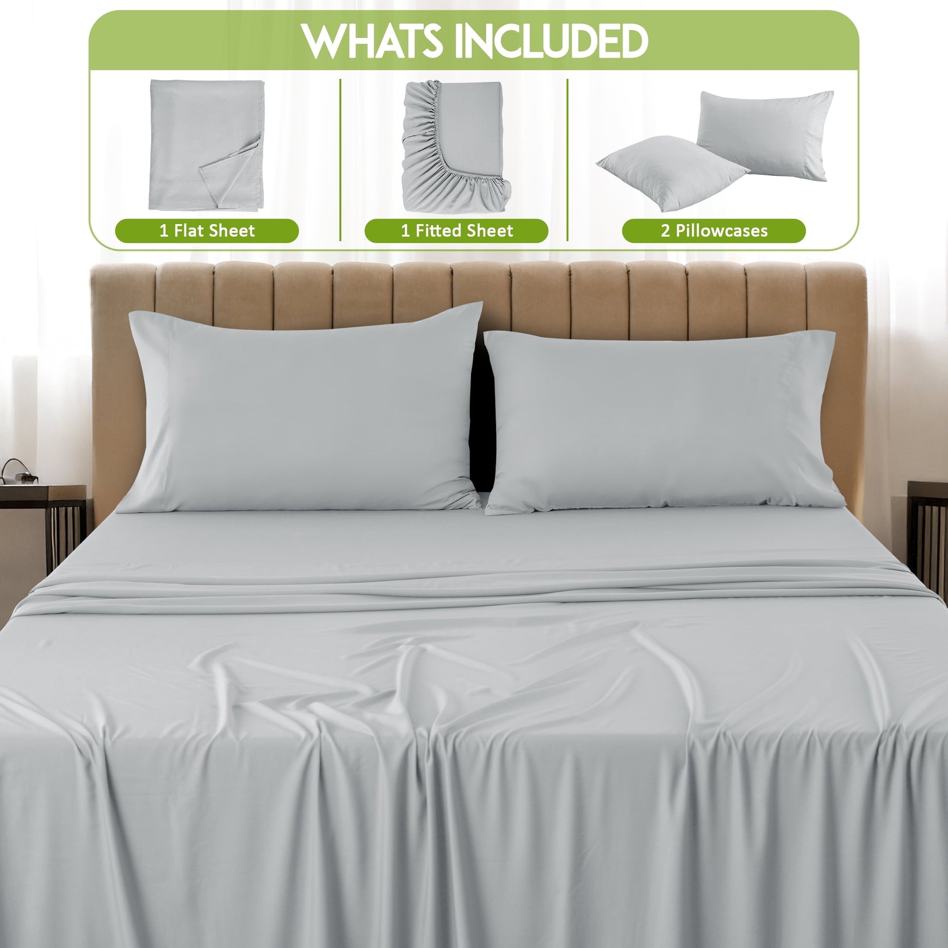 Breathable Luxury Rayon - 4 Piece Cooling Bed Sheets Set, Gray - Luxury Bed Sheet Set with Deep Pockets Detail