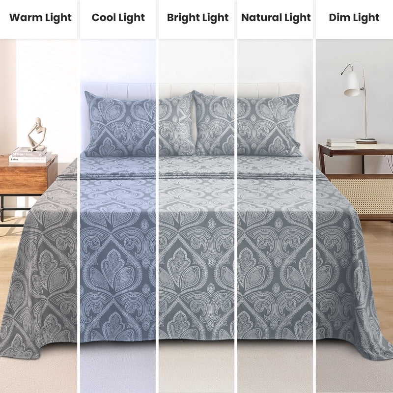 Wrinkle-Resistant Lux Decor 4 Piece Queen Sheet Set, Brushed Microfiber Paisley Printed Bed Sheet Set with up to 16" Deep Pocket Fitted... - Premium Ultra-Soft Pillowcase Pair for Sleeping Detail