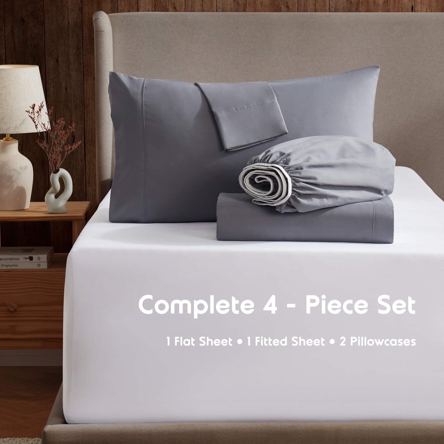 Cooling Sateen Queen Sheets Set, 1800 Series 4 Piece Sheets , Luxury Soft Microfiber Queen Size Bed Sheets Set, Gray - Luxury Bed Sheet Set with Deep Pockets Detail