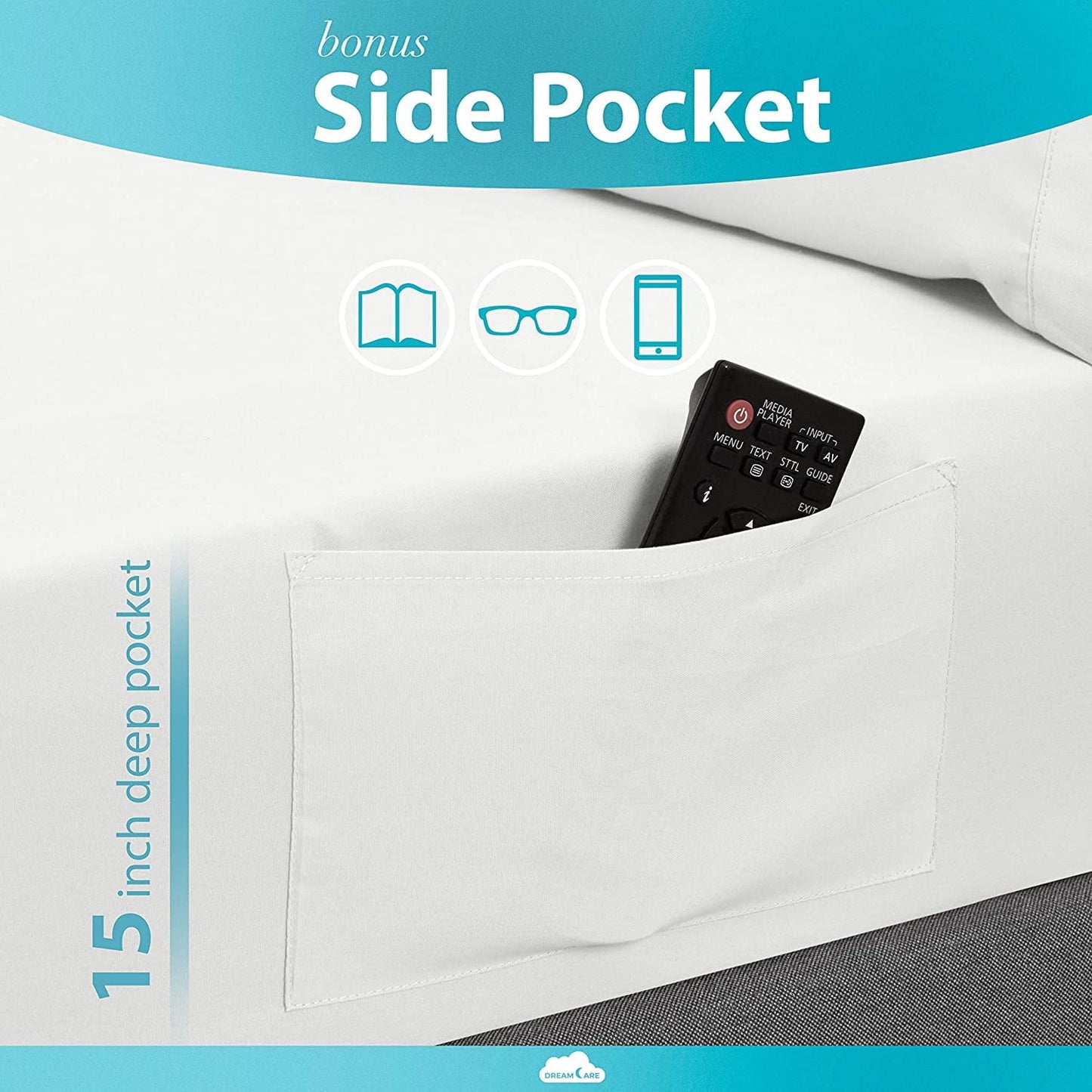 Breathable Luxury Bed Sheets Set - Queen Size Sheet with Side Pocket - 4pcs Set, 15 inches, White - Premium Ultra-Soft Pillowcase Pair for Sleeping Detail