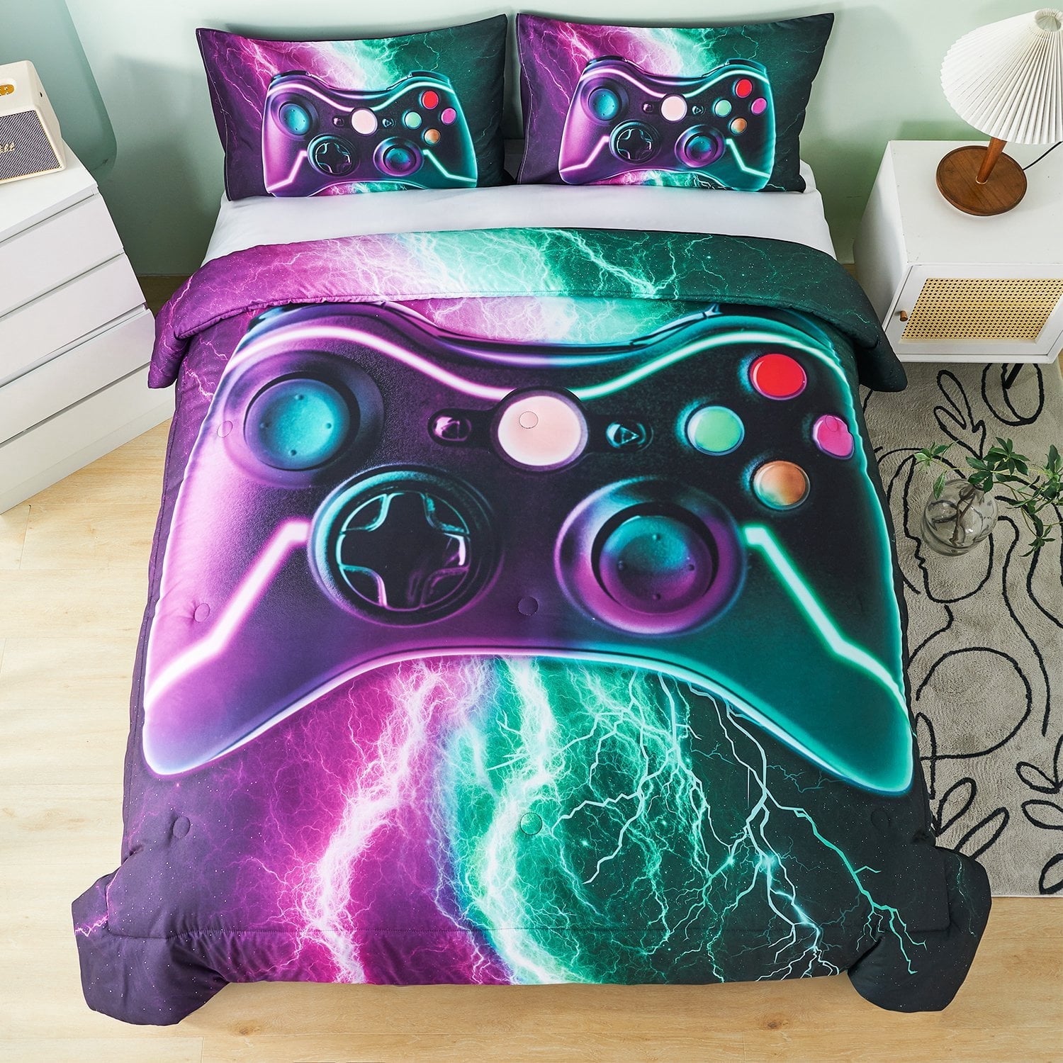 Hypoallergenic Cloud Queen Size Gaming Comforter Set for Boys,3-Piece 3D Green Purple Lightning Game Controller Bedding Set for Kids Teens - Cloud-Like Soft Lightweight Bed Comforter Detail