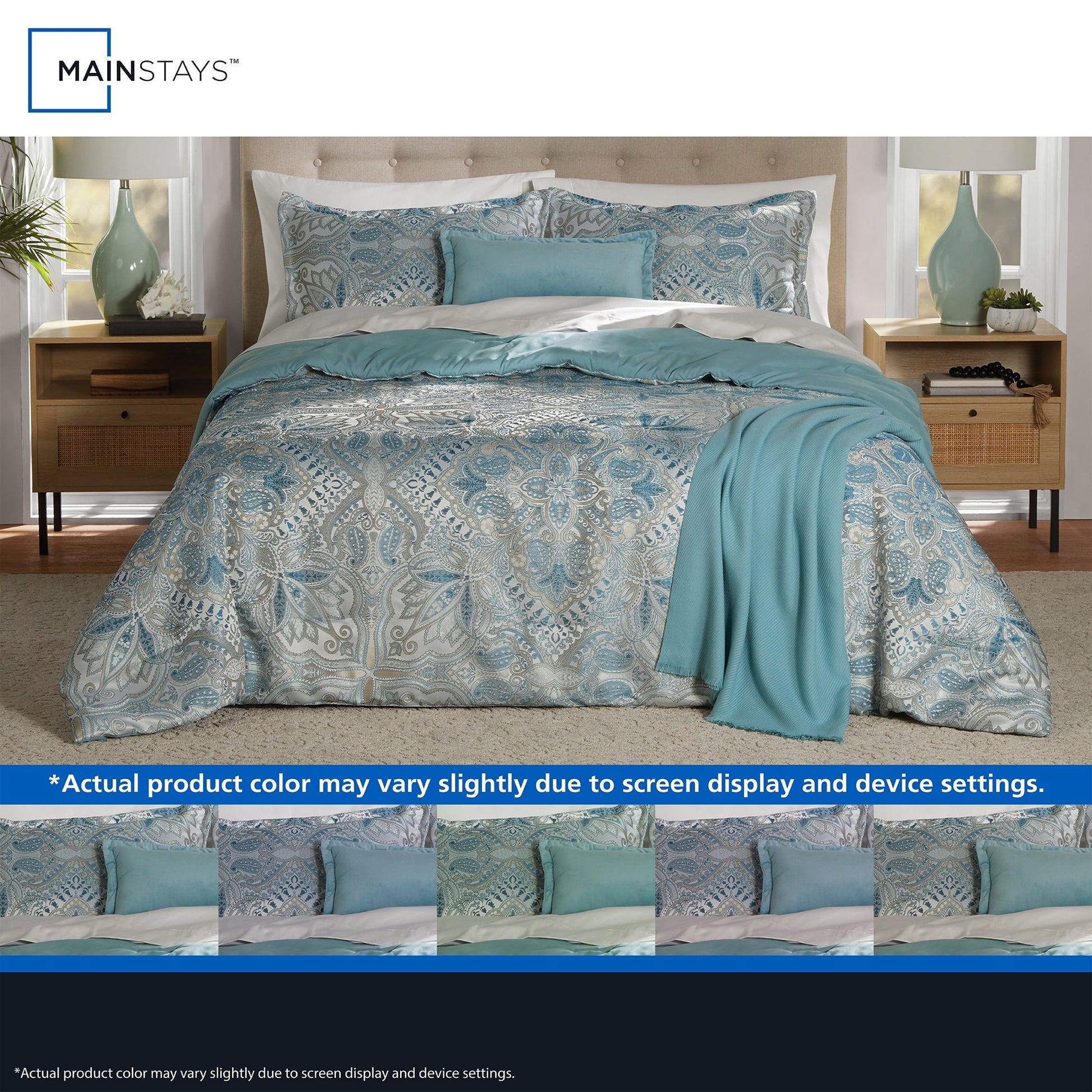 Luxurious Quilted Full/Queen Comforter Set, All-Season, 5-Piece, Teal Jacquard Medallion - Luxurious Quilted Duvet Cover Set Detail