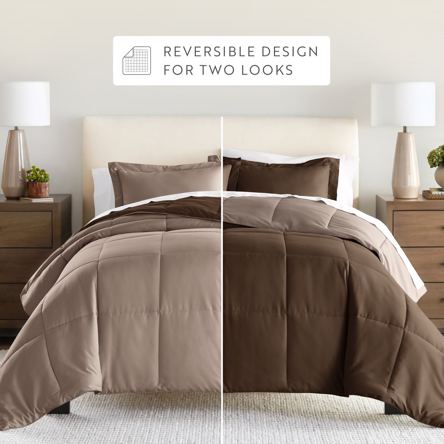 All-Season All Season Reversible Comforter Set Breathable Cool in Taupe & Chocolate Brown Full/Queen Size Bedding - Luxurious Quilted Duvet Cover Set Detail
