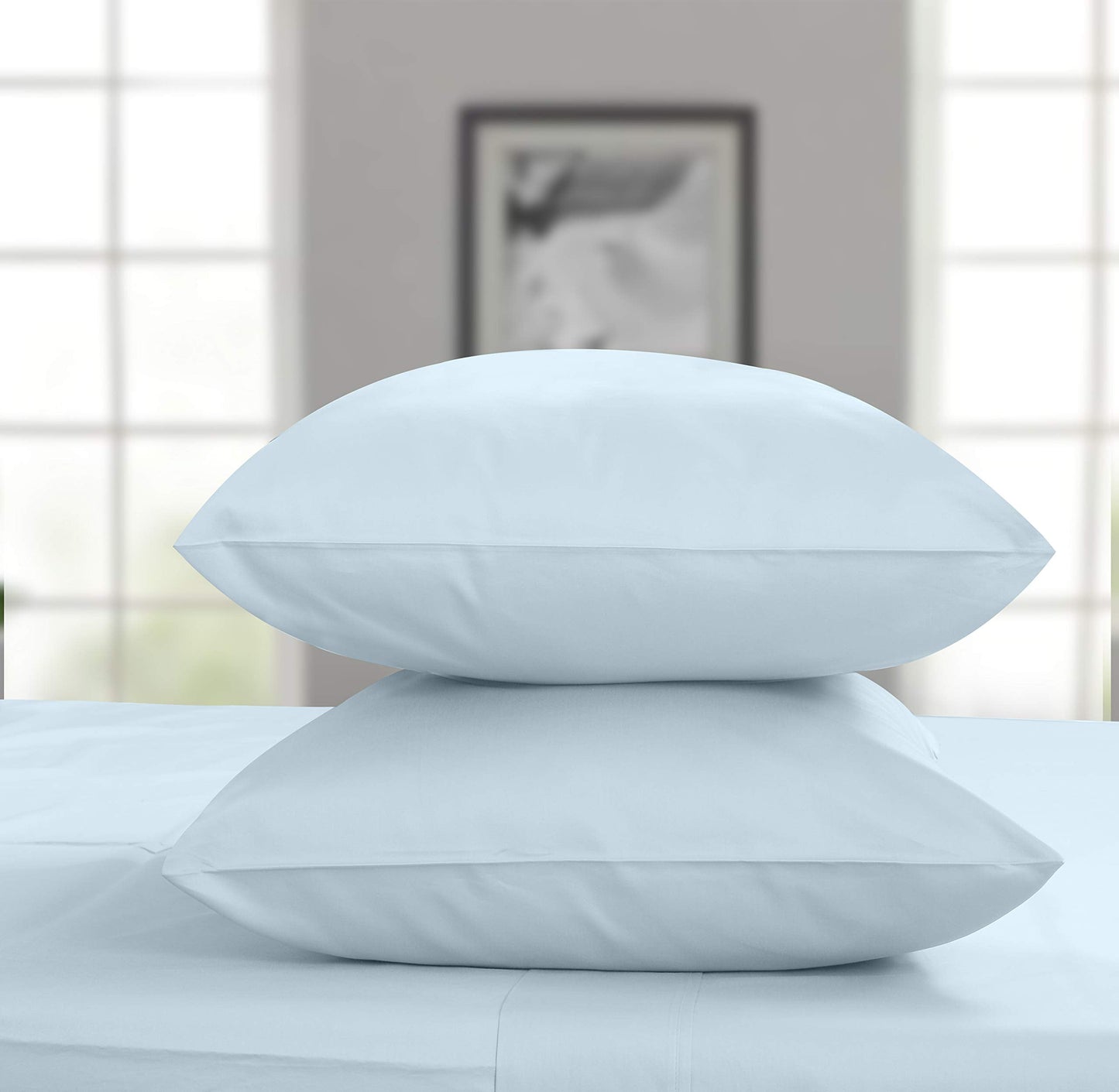 Premium Egyptian Cotton 100% Cotton King Bed Sheets Set - 4-Piece, 300 Thread Count, Lightweight Sateen, Light Blue - Breathable Egyptian Cotton Flat & Fitted Sheets Detail