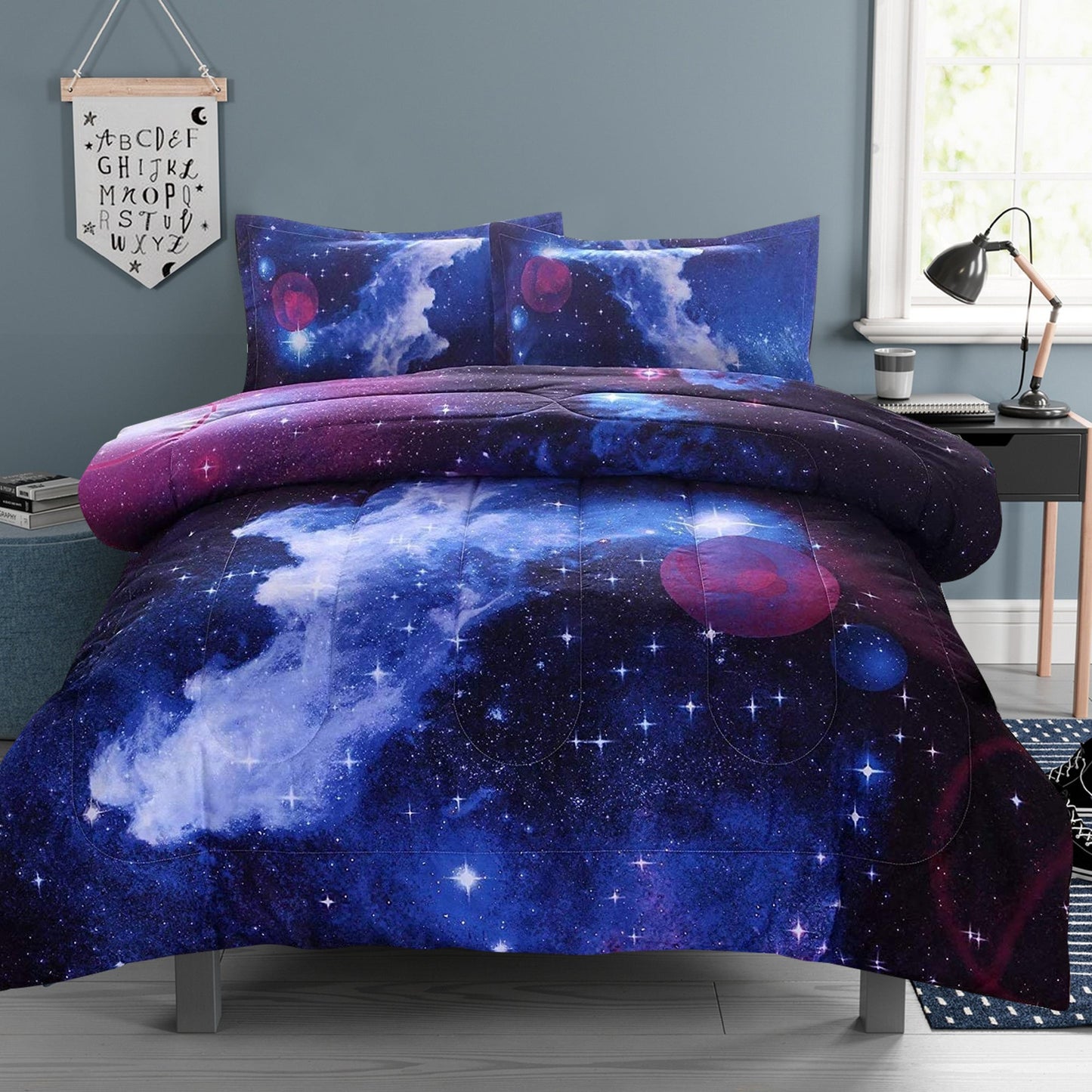 All-Season Galaxy Bedding Sets Outer Space Comforter 3D Printed Space Quilt Set Full Size for Kids Blue - Cloud-Like Soft Lightweight Bed Comforter Detail
