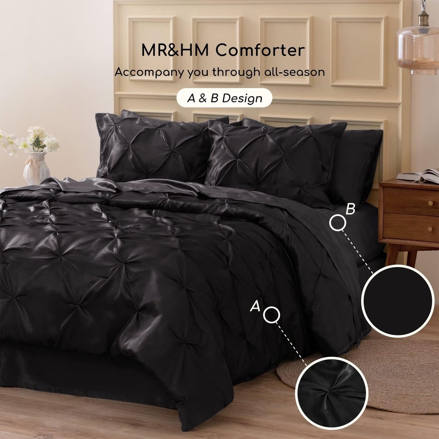 Heavyweight Warmth Satin Comforter Set 7 Pieces Queen Size - Luxurious Pinch Pleat Bed in a Bag with Satin Comforter, Satin Sheets, Sati... - Luxurious Quilted Duvet Cover Set Detail