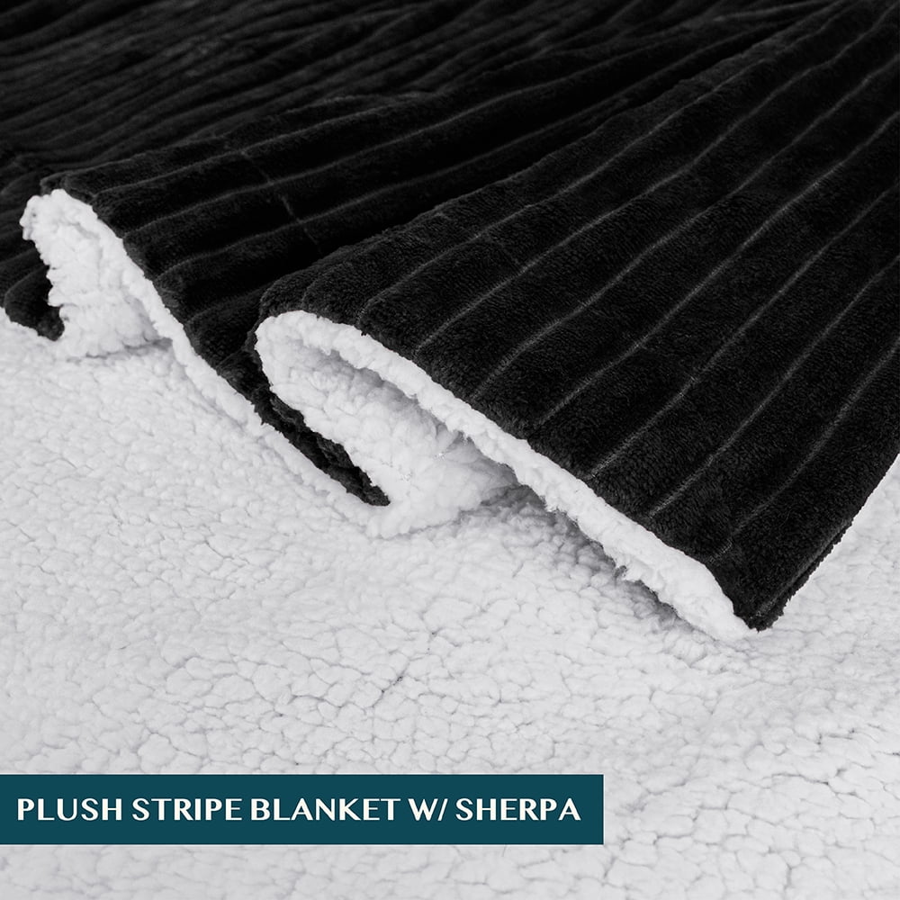 Decorative Knitted Reversible Sherpa Fleece Throw Blanket Black, Plush Flannel Throw, Ultra Soft Warm Ribbed Microfiber Blanket for Sofa... - Cozy Fleece Throw Blanket for Couch & Bed Detail