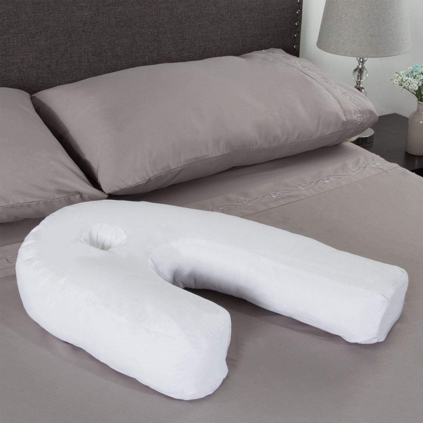 Decorative Plump Bluestone Contour Side Sleeper Pillow with Ear Pocket for Pain Relief - Hotel Quality Plush Sleeping Pillows Detail