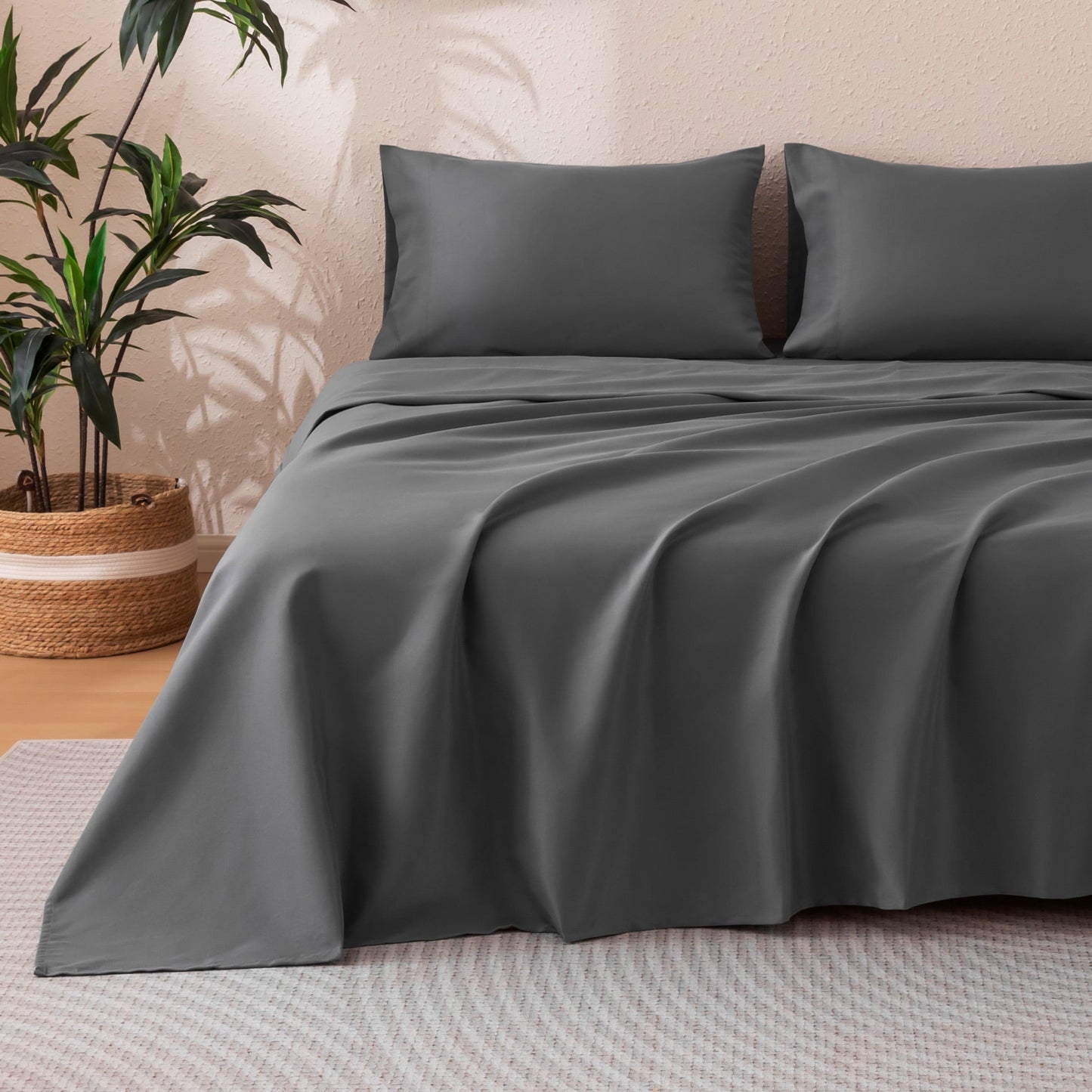 Wrinkle-Resistant Sheet Set Twin Size Gray, 3 Pieces 140 GSM Brushed Elastic Fitted Soft & Cozy Bed Sheets Set with Deep Pocket - Luxury Bed Sheet Set with Deep Pockets Detail