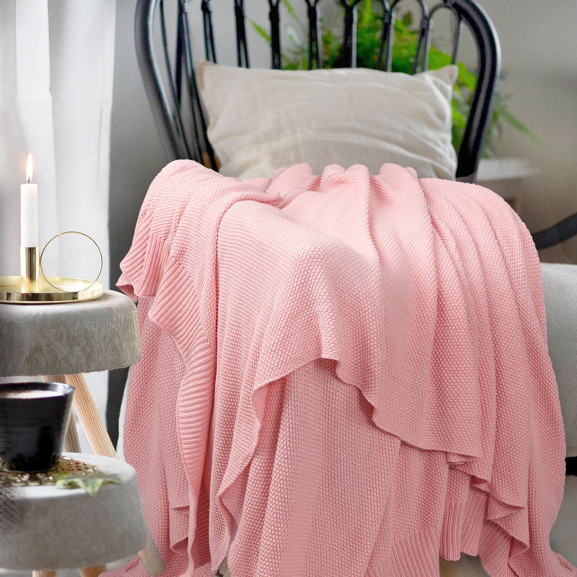 Reversible Sherpa Pure Cotton Soft Cable Knit Throw Blanket Pink 50" x 70" - Luxury Knitted Decorative Throw Blanket with Fringes Detail