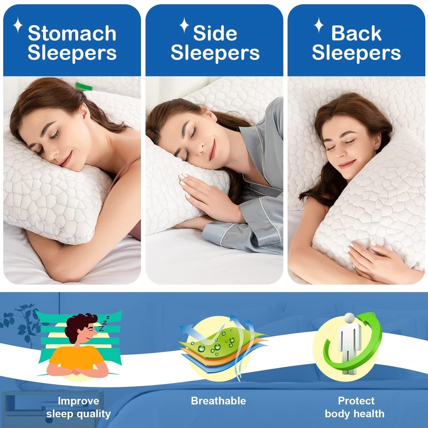 Orthopedic Support Cooling Bed Pillows Queen Size Set of 2, Shredded Memory Foam Pillows for Sleeping 2 Pack, Adjustable Soft Firm Pillo... - Orthopedic Shredded Foam Bed Pillow Set Detail