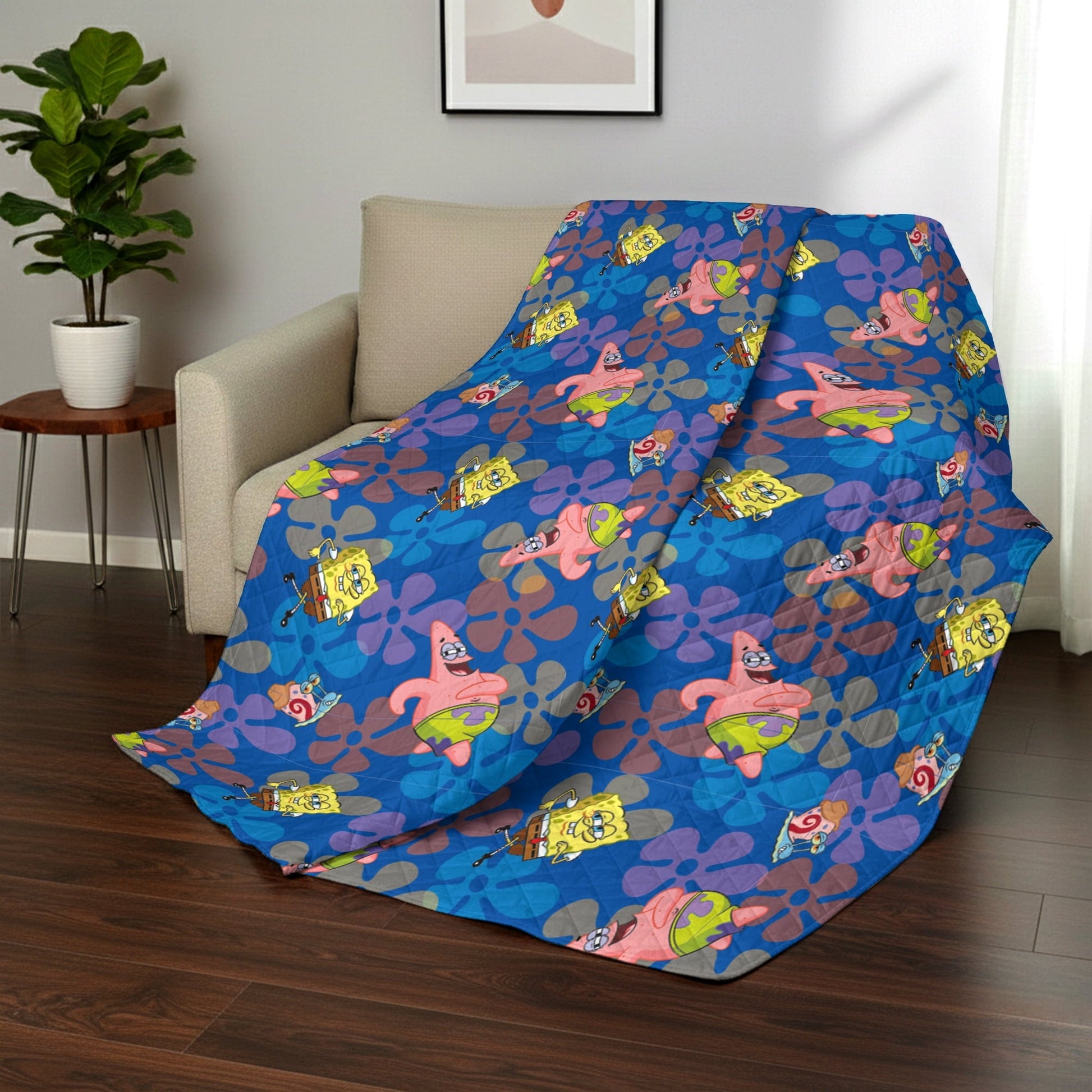Super Soft Flannel Spongebob Tropical Waltz Quilted Throw Blanket 60x80 inches, Kids Character Bedding - Lightweight Plush Warm Blanket for All Seasons Detail