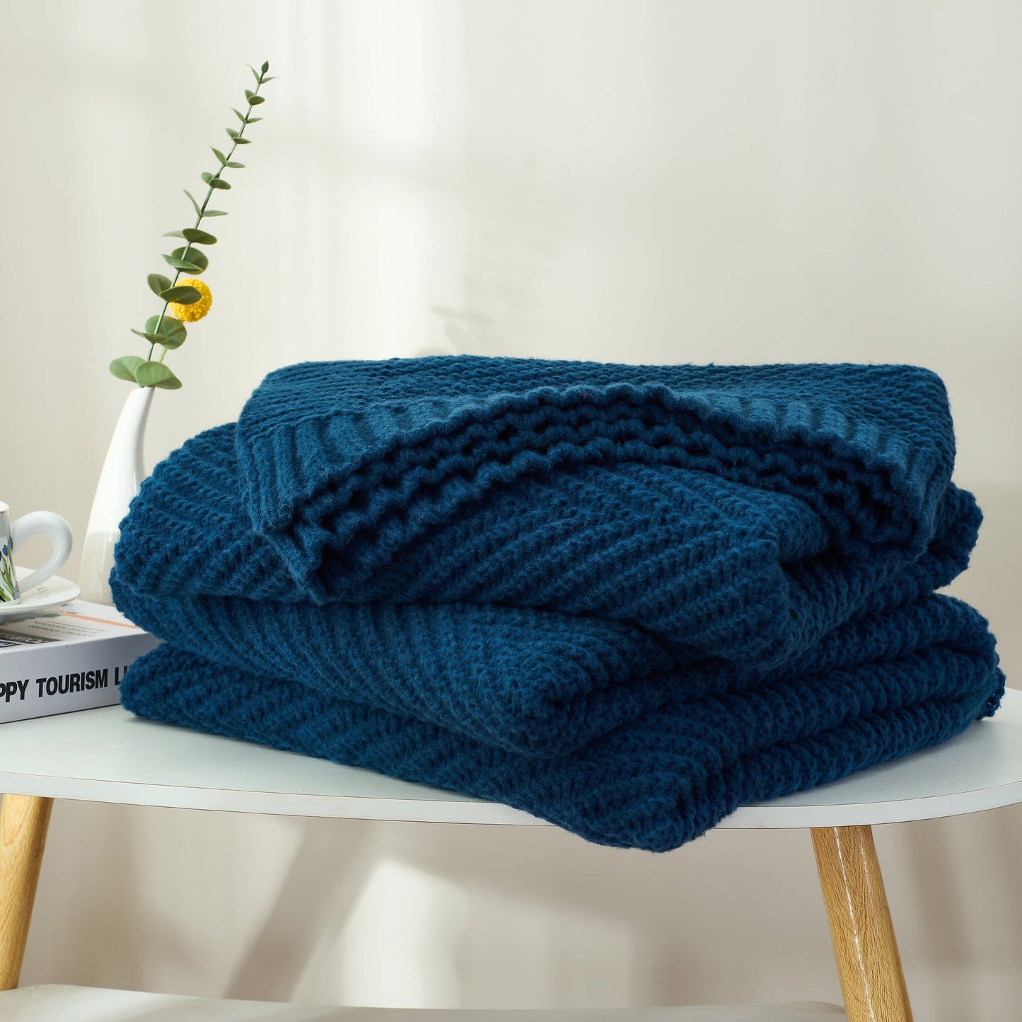 Cozy Fleece Soft Knitted Throw Blanket 50" x 60" Navy Blue, Boho Chevron Farmhouse Throw for Bed Couch - Lightweight Plush Warm Blanket for All Seasons Detail