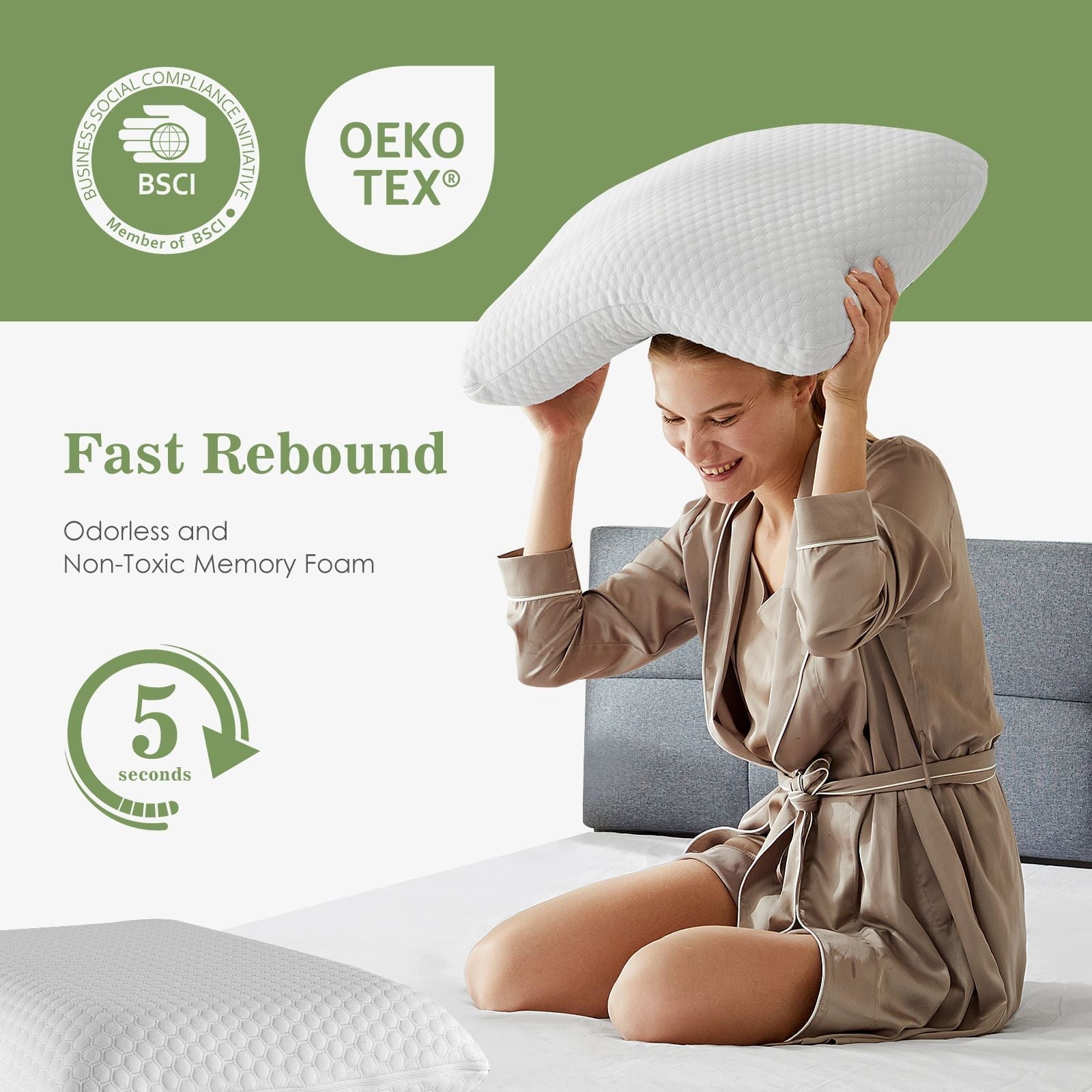 Hotel Collection Memory Foam Pillow for Sleeping, 24"D x 16"W x 4.7"H, Soft Supportive Hotel Pillow for Bed, Washable Cover, Set of 2 - Decorative Throw Pillow Cushion for Sofa & Bed Detail