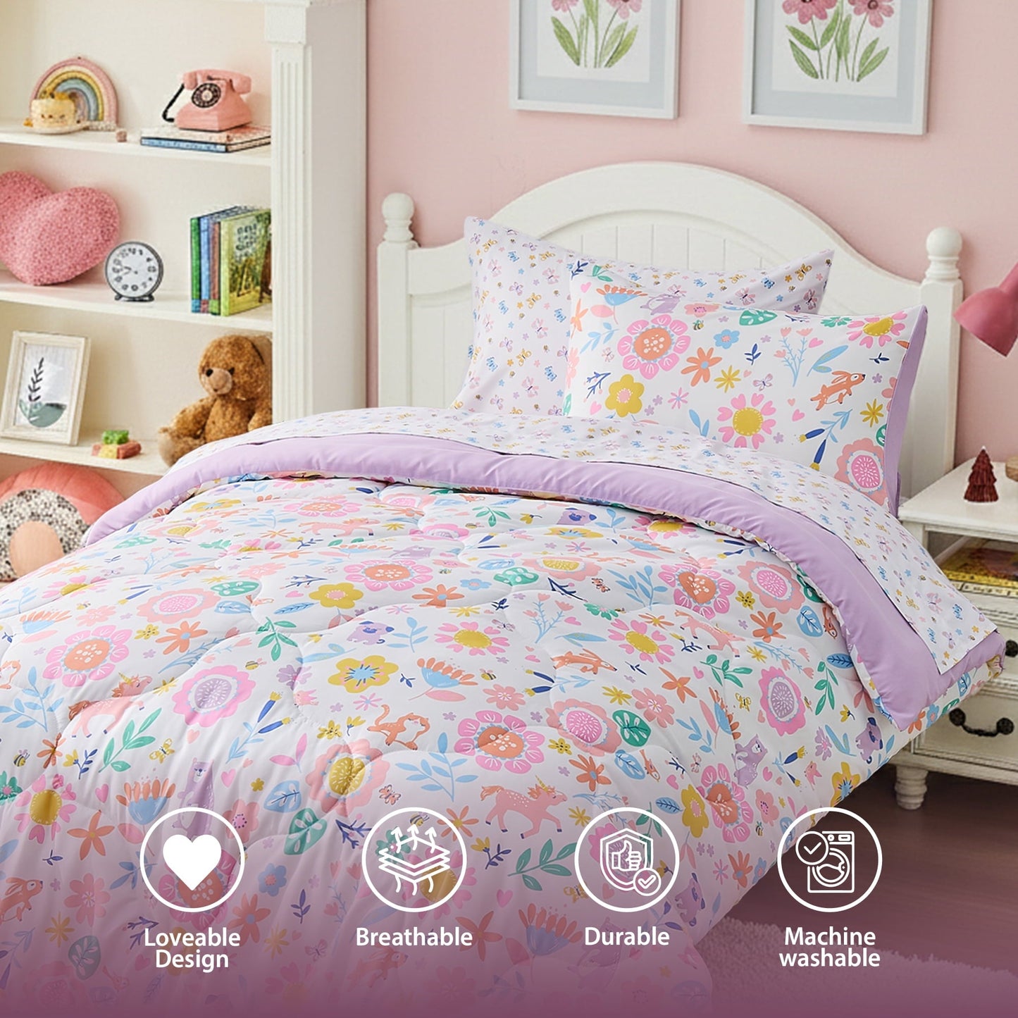 Heavyweight Warmth Floral Comforter Set, Soft Microfiber Flower Bedding Set, 5 Pieces with Comforter, Sheets and Pillowcases, Twin - Luxurious Quilted Duvet Cover Set Detail