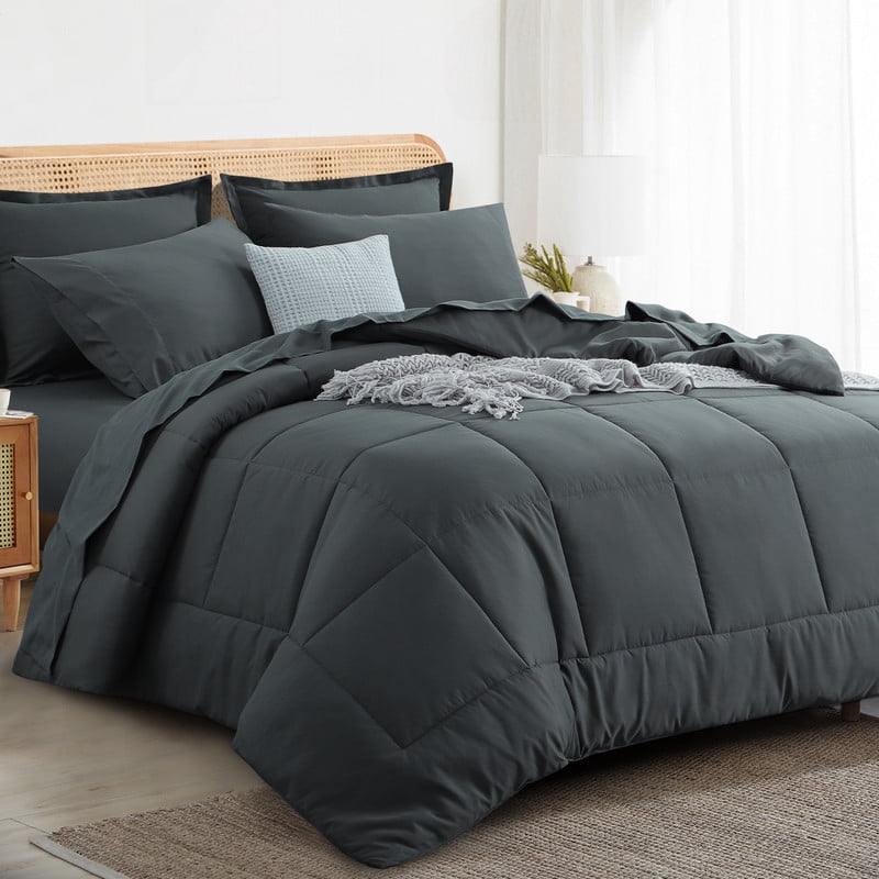 Luxurious Quilted 7 Pieces Comforter Set with Sheets - Bed in a Bag with Comforter and All Season Sheets, Pillowcases,Dark Gray,Queen - All-Season Down Alternative Comforter Insert Detail