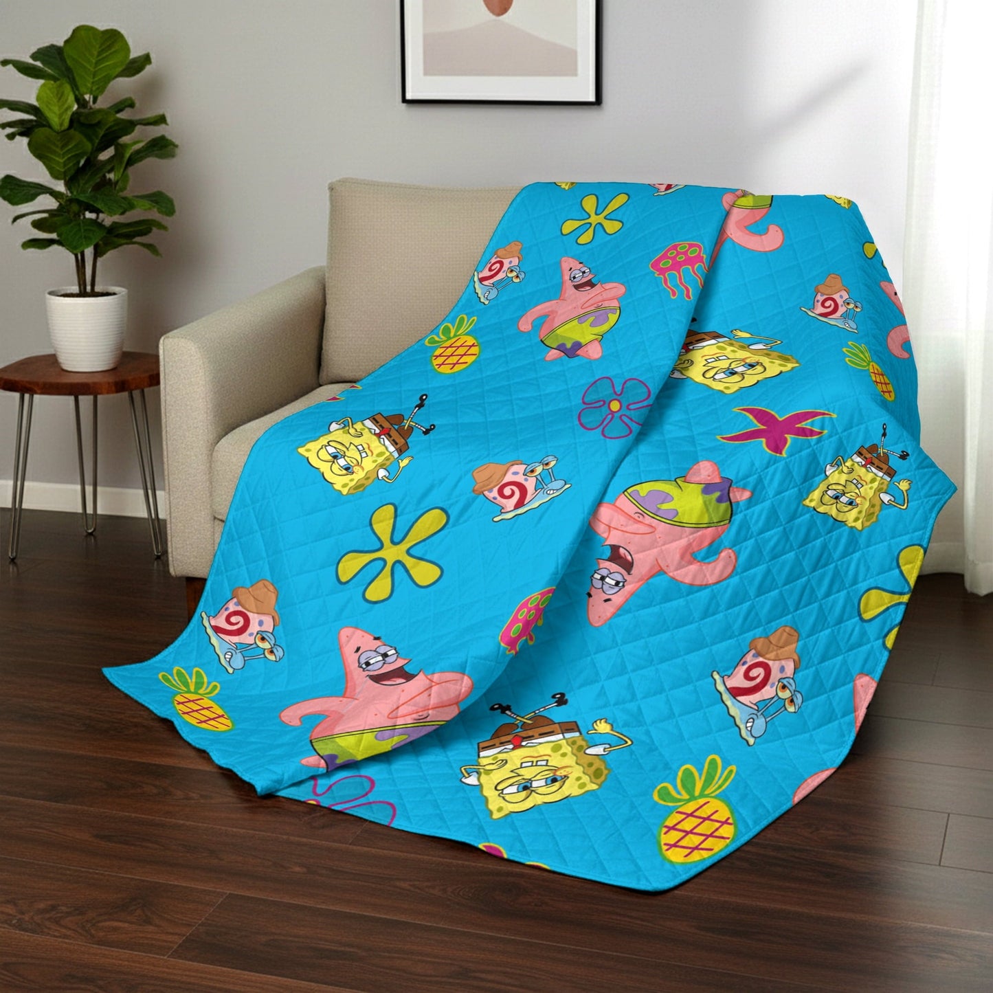 Super Soft Flannel Spongebob Tropical Waltz Quilted Throw Blanket 60x80 inches, Kids Character Bedding - Lightweight Plush Warm Blanket for All Seasons Detail