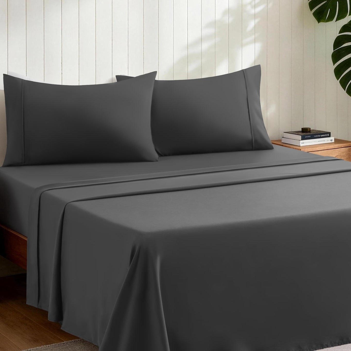 Ultra-Soft Sheets,Soft Hotel Luxury Polyester Washed Cotton,4 Piece Sheets Set,with 14" Deep Pocket,Dark Gray - Cooling Hotel Quality Bedding Sheets and Pillowcases Detail