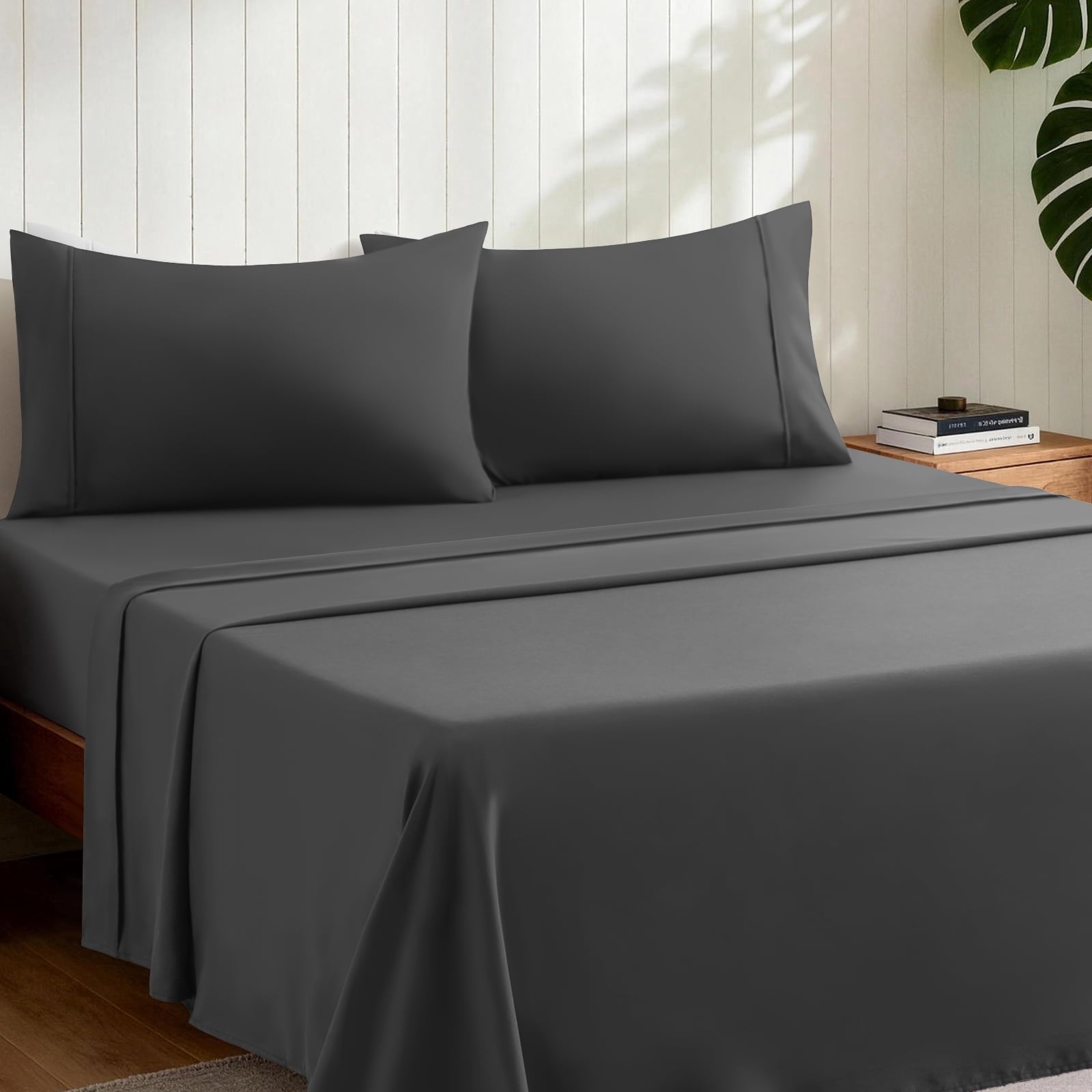 Ultra-Soft Sheets,Soft Hotel Luxury Polyester Washed Cotton,4 Piece Sheets Set,with 14" Deep Pocket,Dark Gray - Cooling Hotel Quality Bedding Sheets and Pillowcases Detail