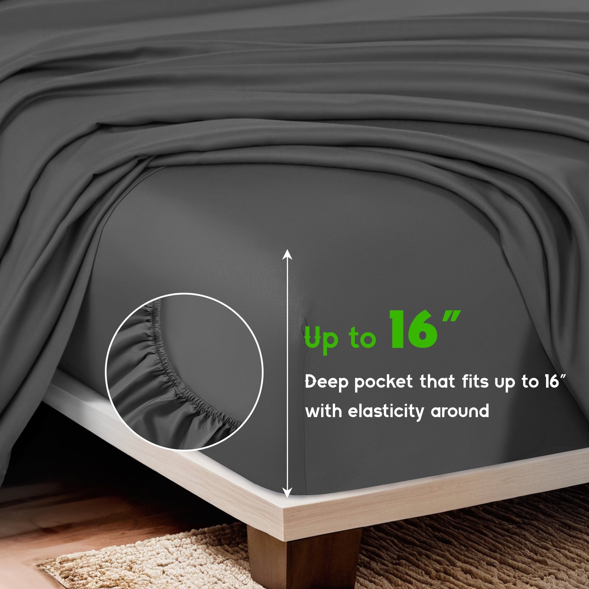 Wrinkle-Resistant Luxury Bamboo Bed Sheet Set - Deep Pockets - 4 Piece, Queen, Dark Gray - Cooling Hotel Quality Bedding Sheets and Pillowcases Detail