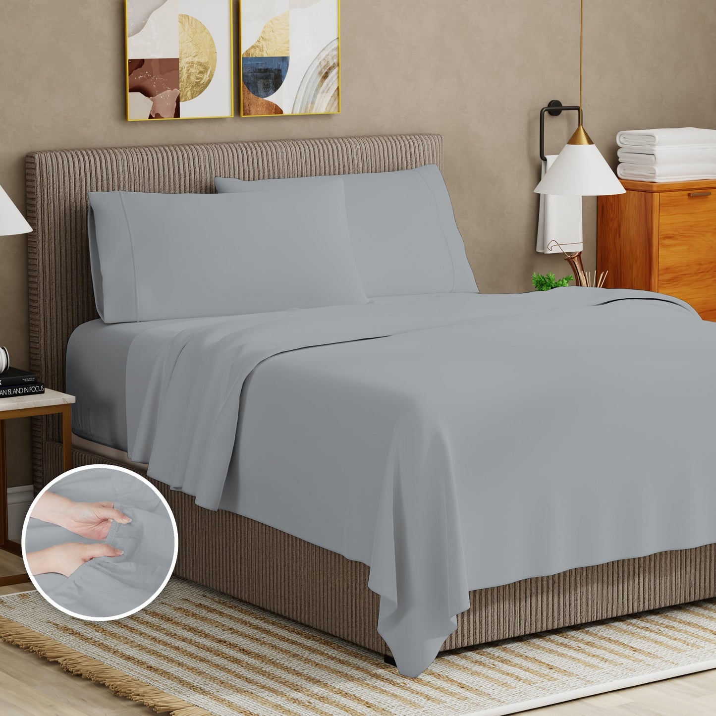 Ultra-Soft Soft Finish Microfiber Percale Queen Bed Sheet Set – 4-Piece Lightweight, Wrinkle-Resistant, Quick-Dry, Light Gray - Cooling Hotel Quality Bedding Sheets and Pillowcases Detail