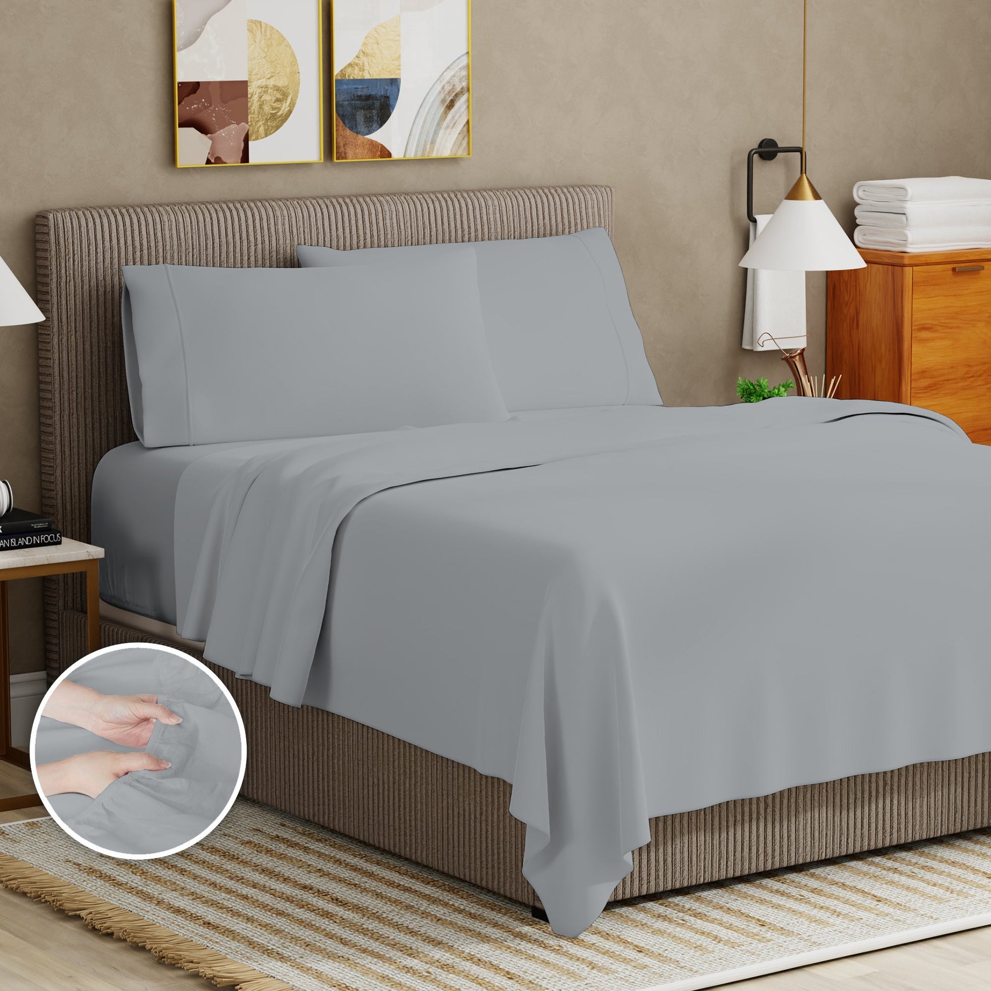Ultra-Soft Soft Finish Microfiber Percale Queen Bed Sheet Set – 4-Piece Lightweight, Wrinkle-Resistant, Quick-Dry, Light Gray - Cooling Hotel Quality Bedding Sheets and Pillowcases Detail
