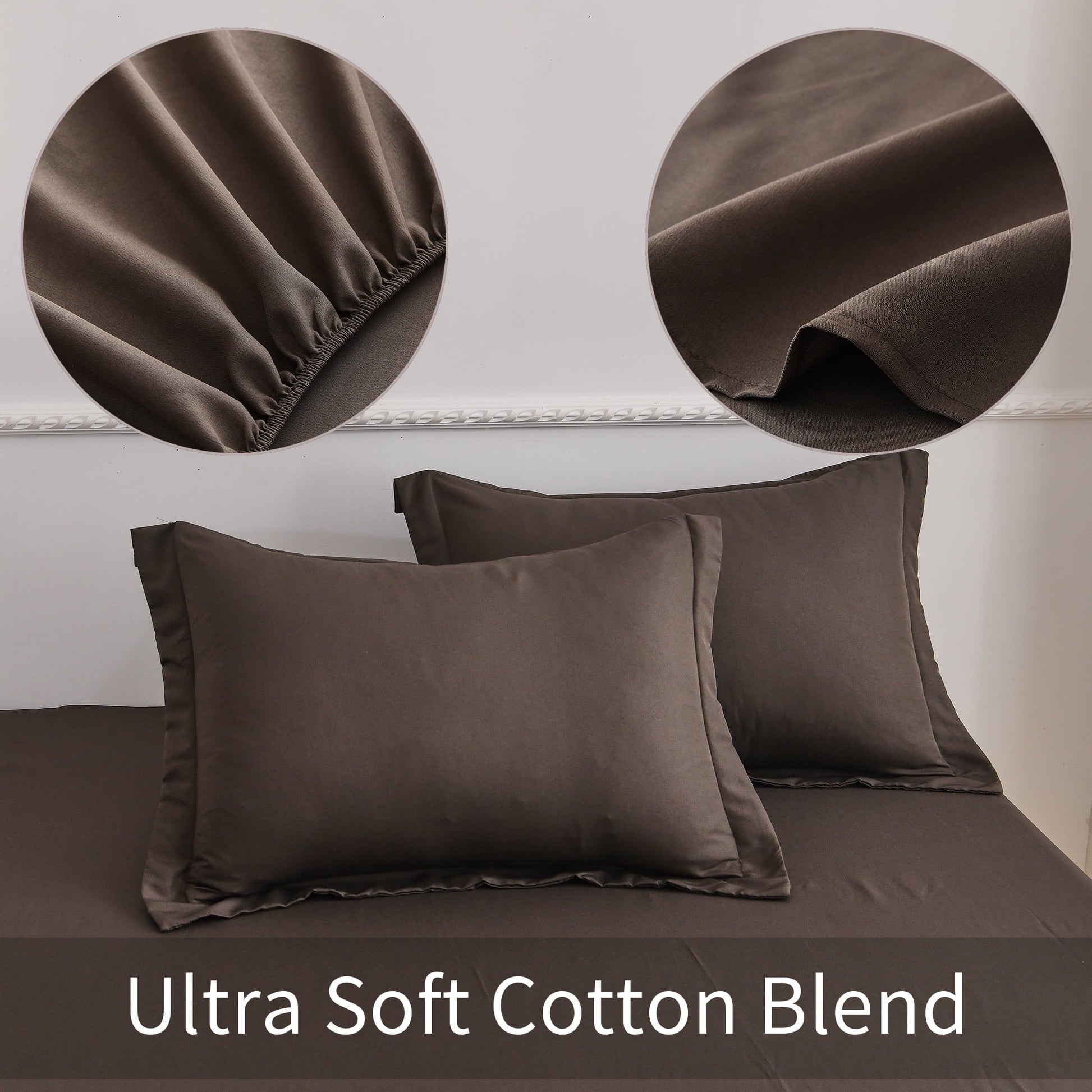 Cooling Sateen Bed Sheets Set 4 Piece Queen/Full Sheet Set Brown Gray Cotton Blend Fitted Sheet, Flat Sheet & 2 Pillowcases Bedding Set - Breathable Egyptian Cotton Flat & Fitted Sheets Detail