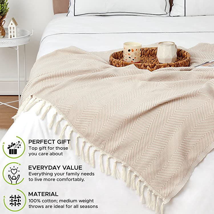 Super Soft Flannel Turkish Cotton Throw Blanket & Beach Towel, 60"x70" Boho Decorative Blanket for Couch, Bed, Sofa & Outdoor, Lightweig... - Cozy Fleece Throw Blanket for Couch & Bed Detail