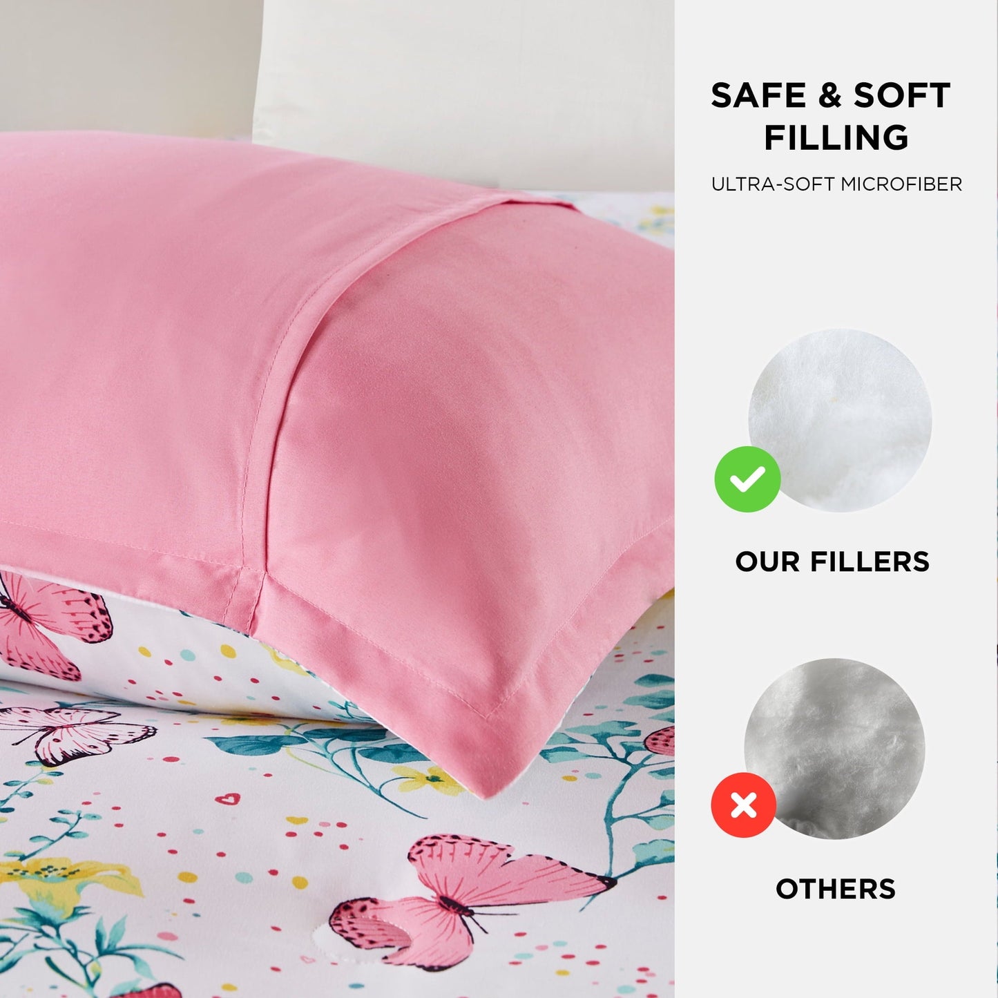 Heavyweight Warmth Full/Queen Size Comforter Sets, 4-Piece Kids Bedding Set for Girls, Butterfly Floral Comforter Bed Set, White/Pink - Cloud-Like Soft Lightweight Bed Comforter Detail