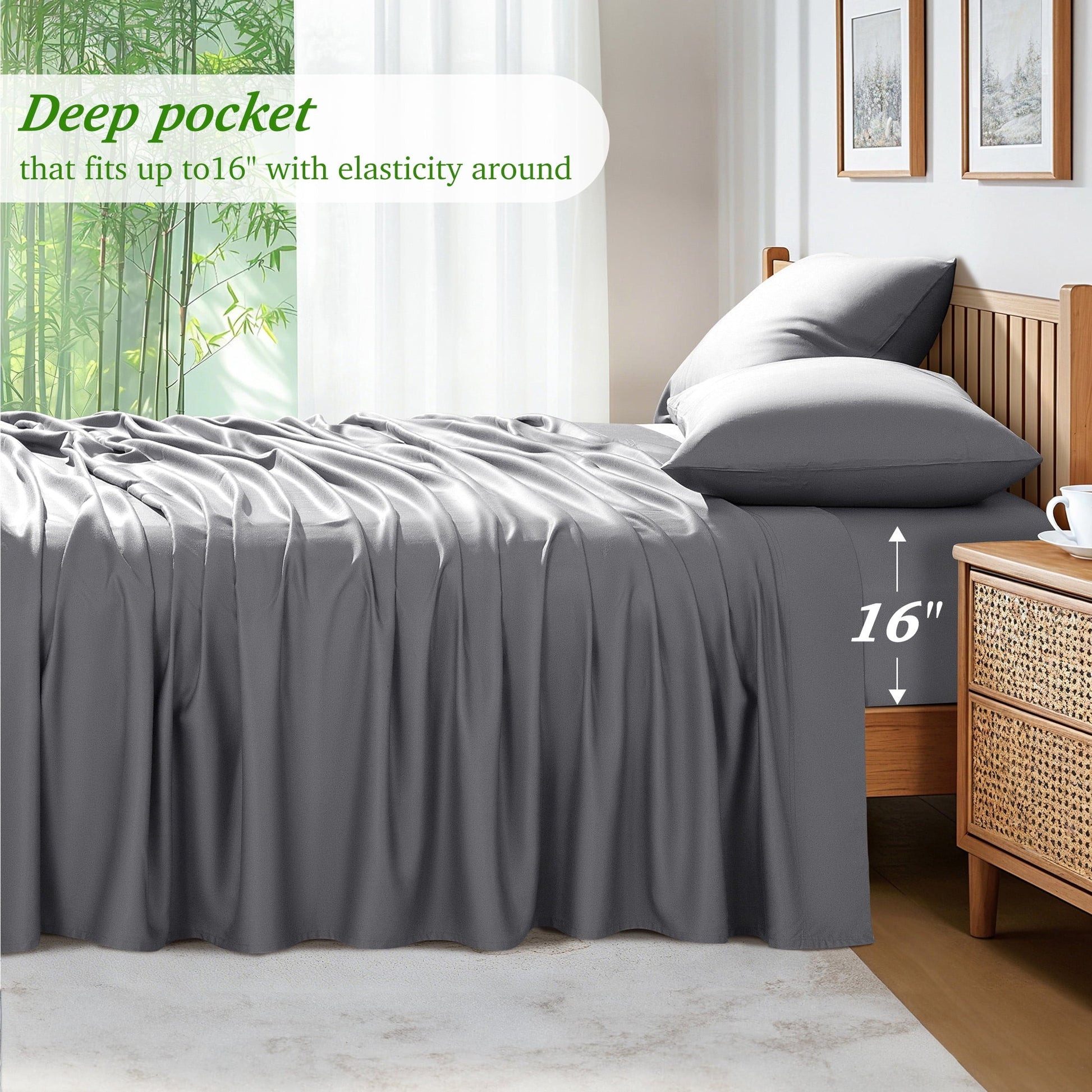 Ultra-Soft Bamboo Queen Sheet Set, Luxury Soft 4 Pieces Bed Sheets with 18" Deep Pocket, Gray - Premium Ultra-Soft Pillowcase Pair for Sleeping Detail
