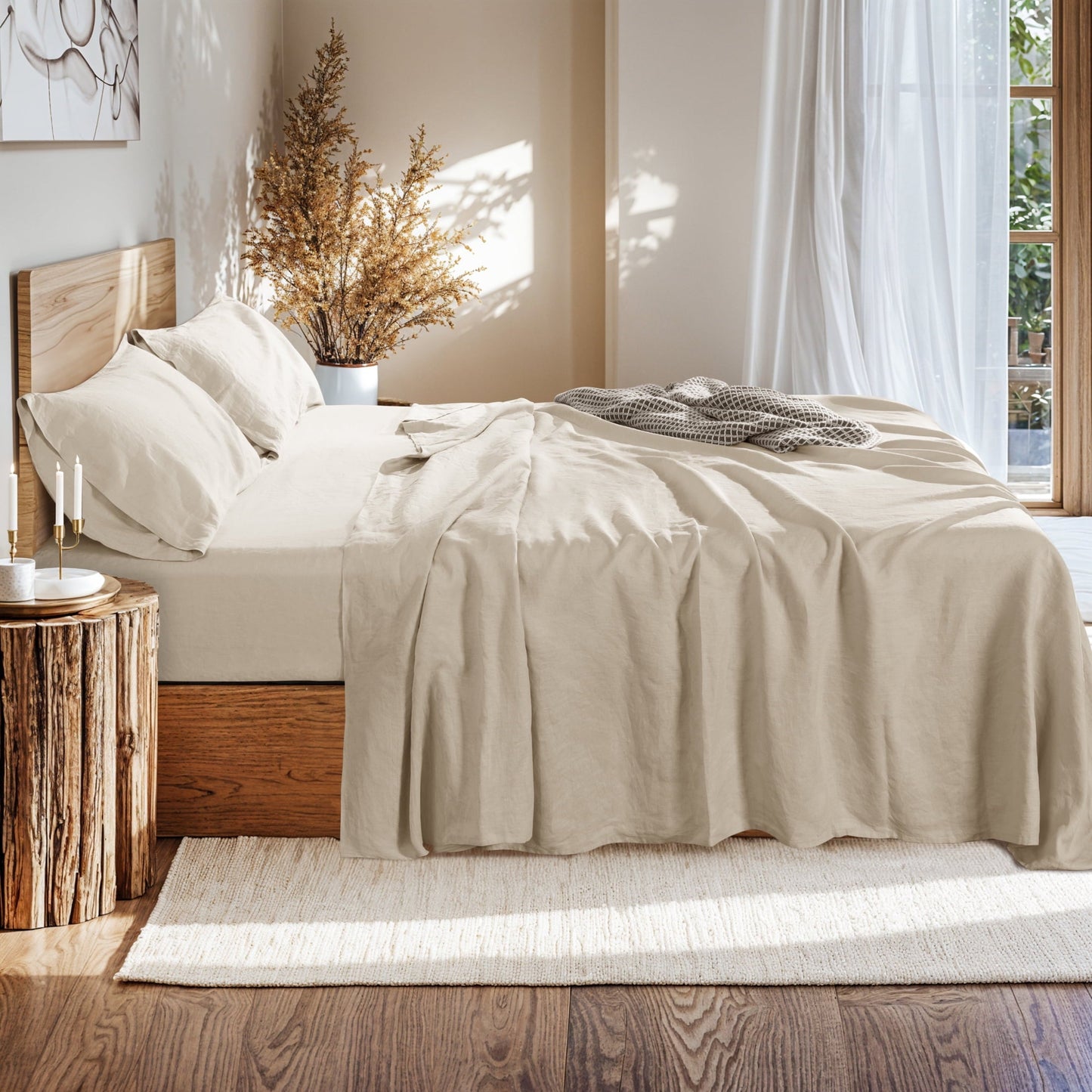 Breathable Luxury Natural Linen Cotton Bed Sheets Set, Deep Pocket - Breathable - Durable - 4 Pieces (Linen, Queen) - Breathable Egyptian Cotton Flat & Fitted Sheets Detail