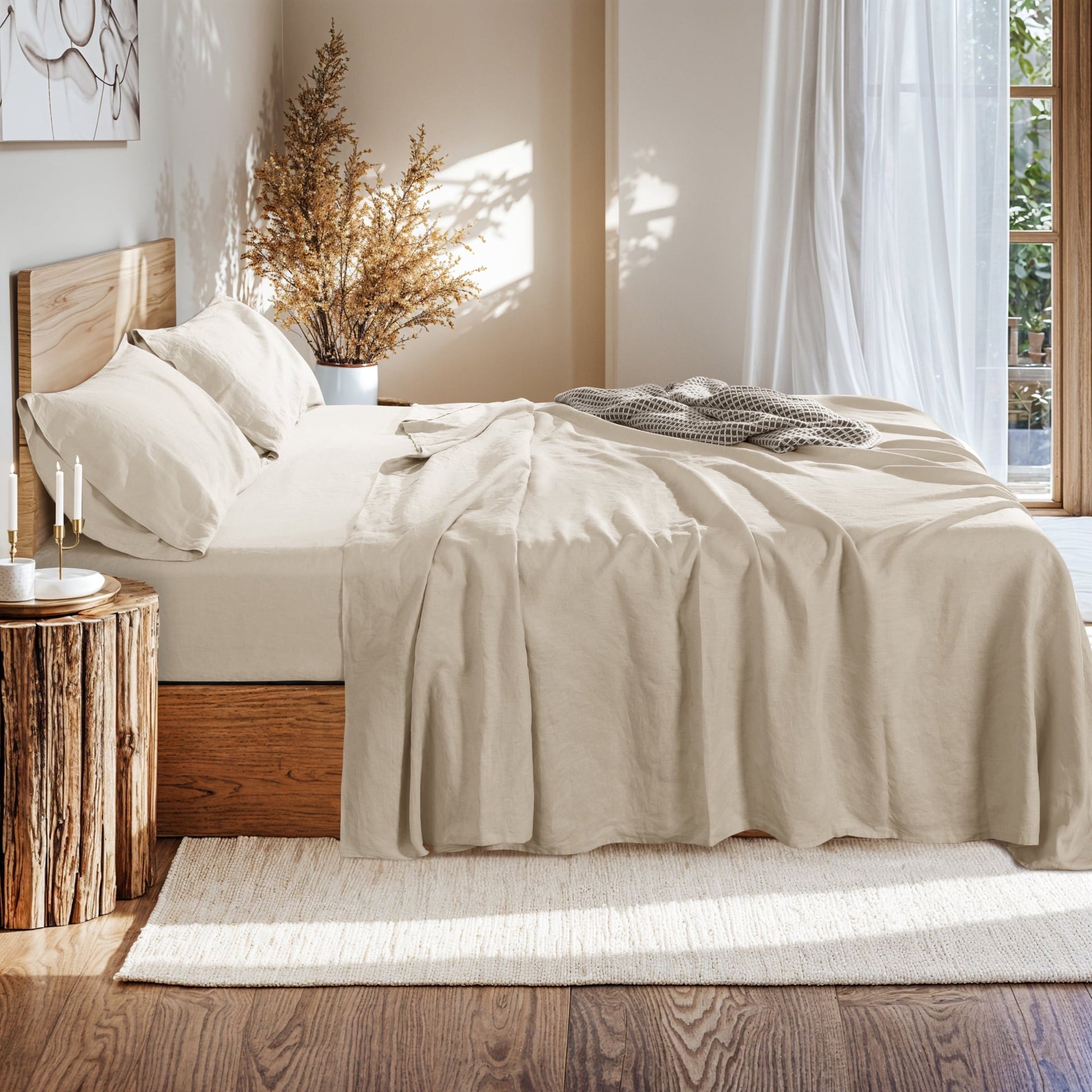 Breathable Luxury Natural Linen Cotton Bed Sheets Set, Deep Pocket - Breathable - Durable - 4 Pieces (Linen, Queen) - Breathable Egyptian Cotton Flat & Fitted Sheets Detail