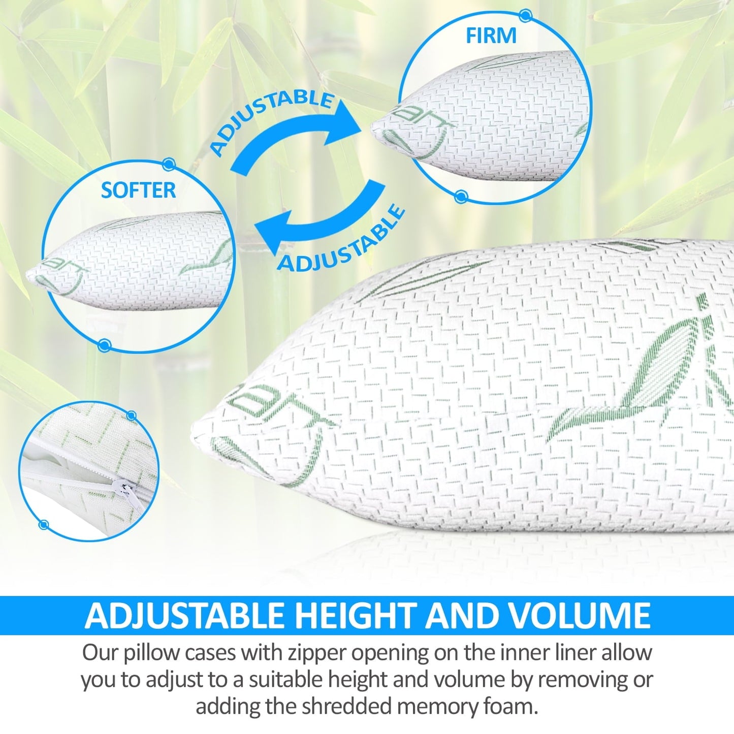 Hotel Collection Queen Size Bamboo Pillow, Memory Foam Bed Pillows with Washable Pillowcases, Queen - Orthopedic Shredded Foam Bed Pillow Set Detail