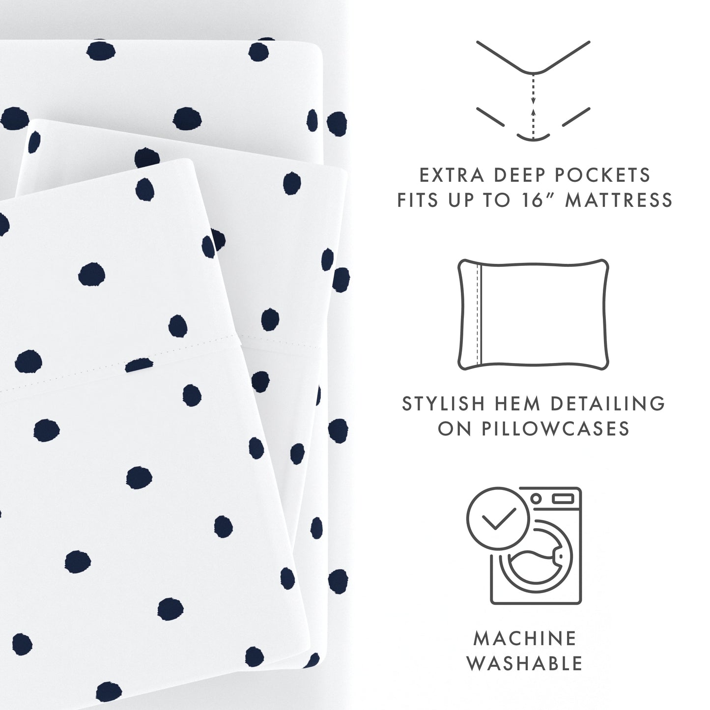Ultra-Soft 4 Piece Pattern Microfiber Bed Sheets Set, Navy Dots, California King - Luxury Bed Sheet Set with Deep Pockets Detail