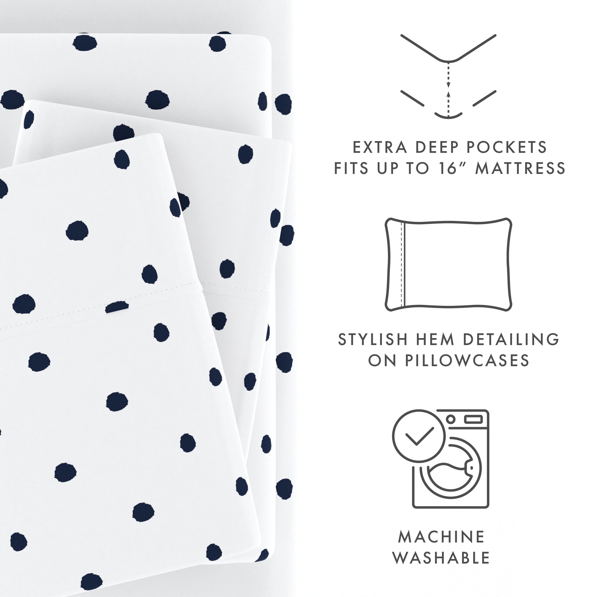 Ultra-Soft 4 Piece Pattern Microfiber Bed Sheets Set, Navy Dots, California King - Luxury Bed Sheet Set with Deep Pockets Detail